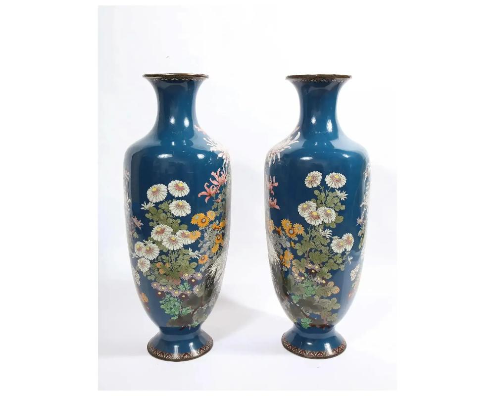 Unknown Pair of Large 19th Century Meiji Japanese Cloisonne Blue Ground Enamel Vases Cra For Sale