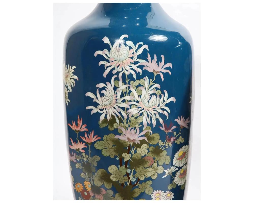 Cloissoné Pair of Large 19th Century Meiji Japanese Cloisonne Blue Ground Enamel Vases Cra For Sale