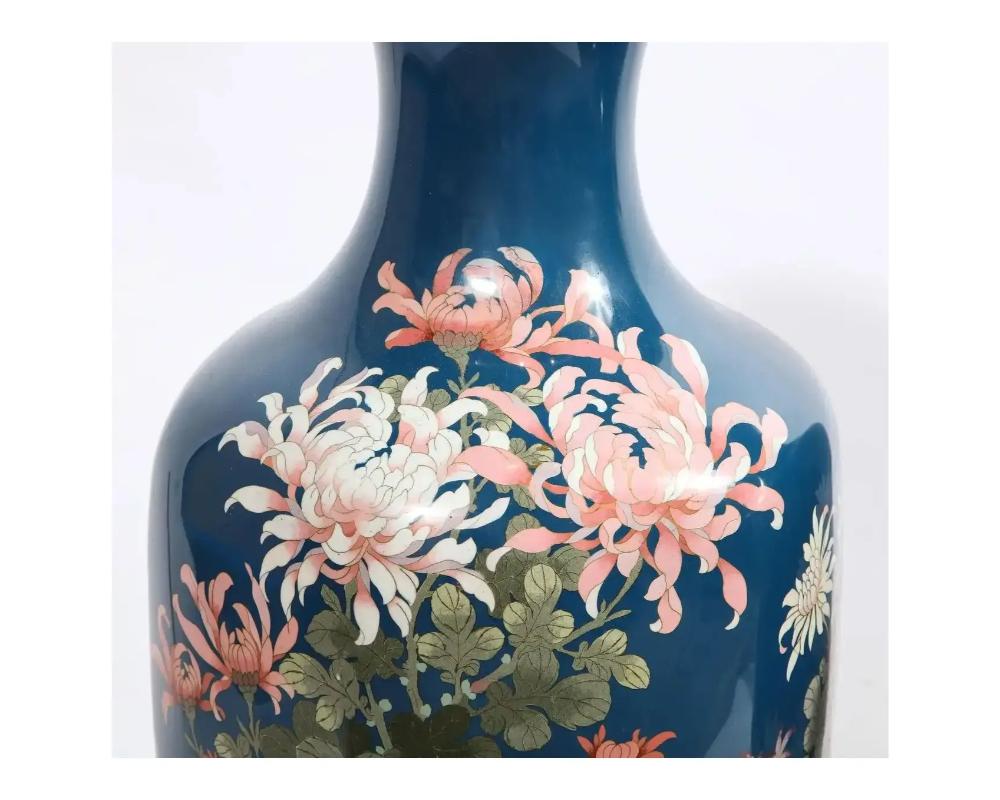 Pair of Large 19th Century Meiji Japanese Cloisonne Blue Ground Enamel Vases Cra In Good Condition For Sale In New York, NY