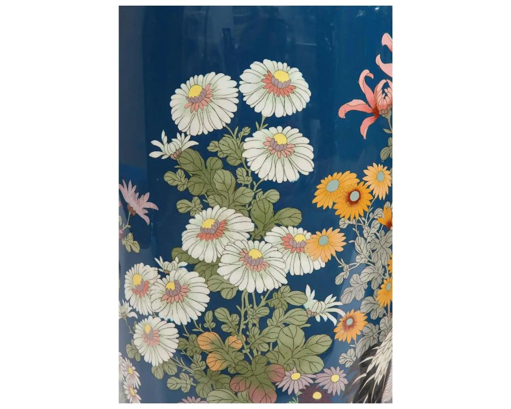 Pair of Large 19th Century Meiji Japanese Cloisonne Blue Ground Enamel Vases Cra For Sale 3