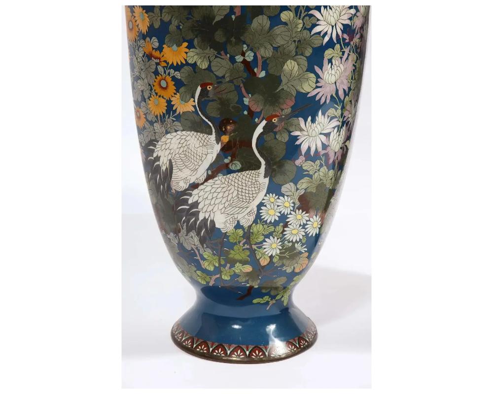 Pair of Large 19th Century Meiji Japanese Cloisonne Blue Ground Enamel Vases Cra For Sale 4