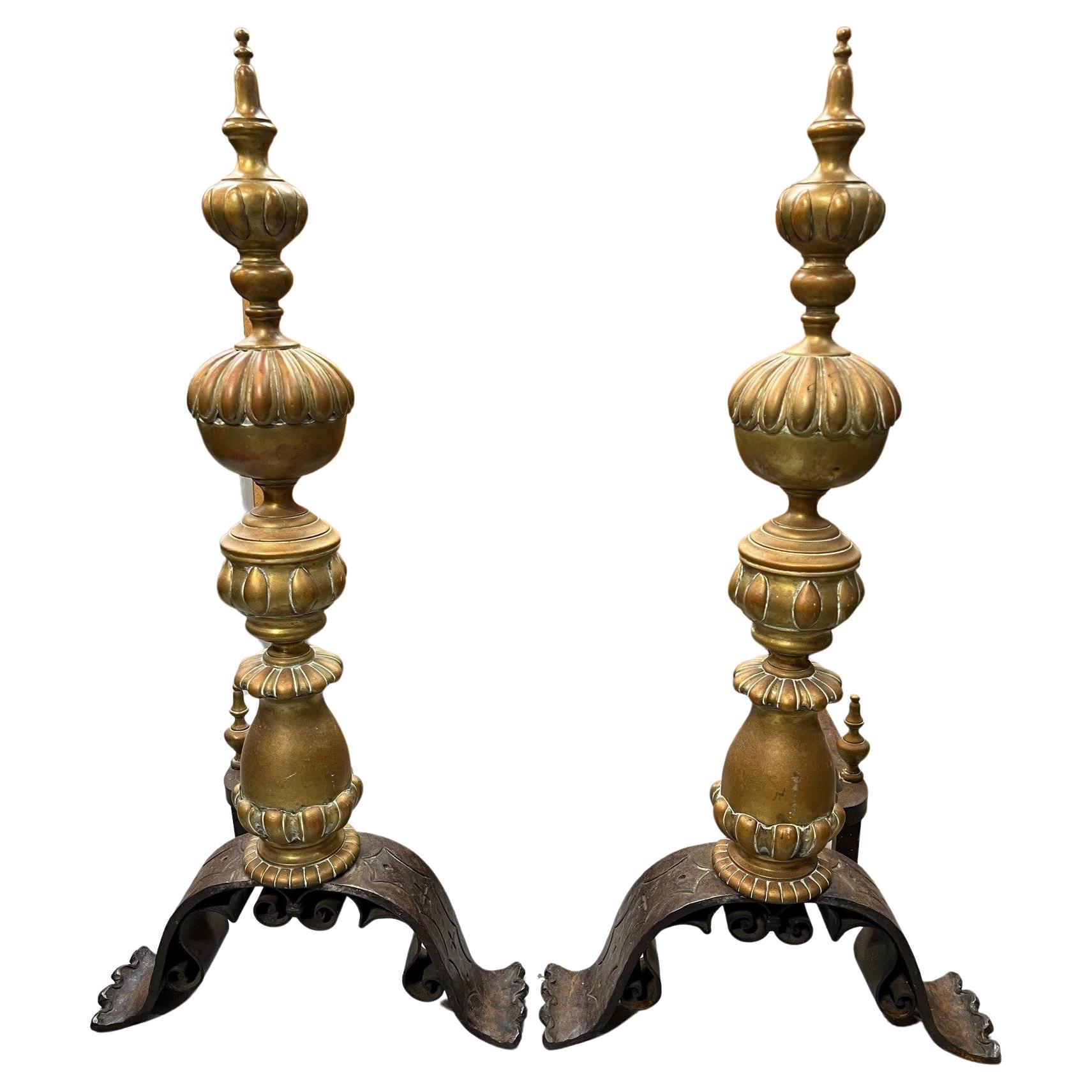 Late 19th Century Large Pair of Baroque Style Bronze and Iron Andirons 