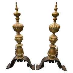 Antique Late 19th Century Large Pair of Baroque Style Bronze and Iron Andirons 