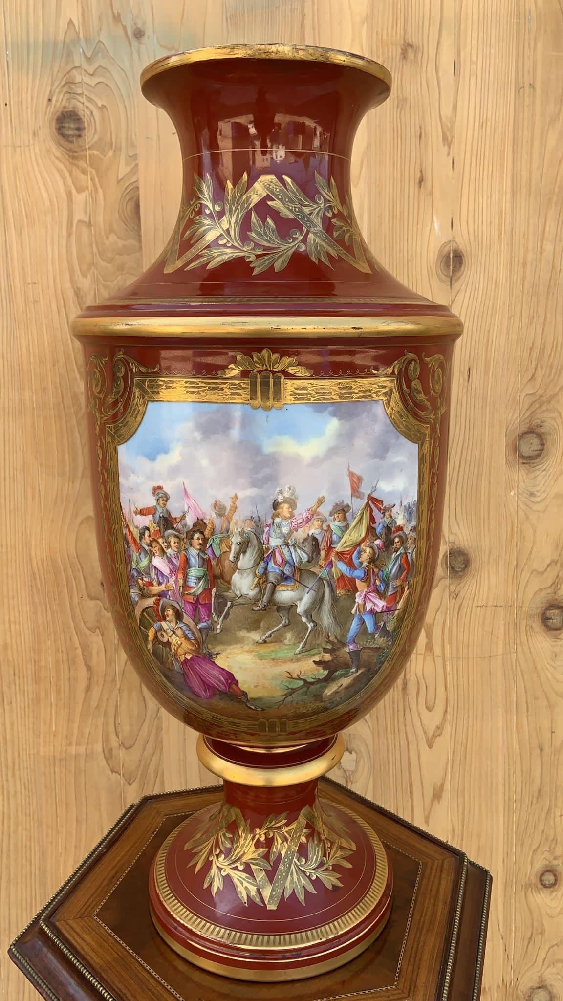 Late 19th Century Large Red French Severs Painted Porcelain Trumpet Vase In Good Condition For Sale In Chicago, IL