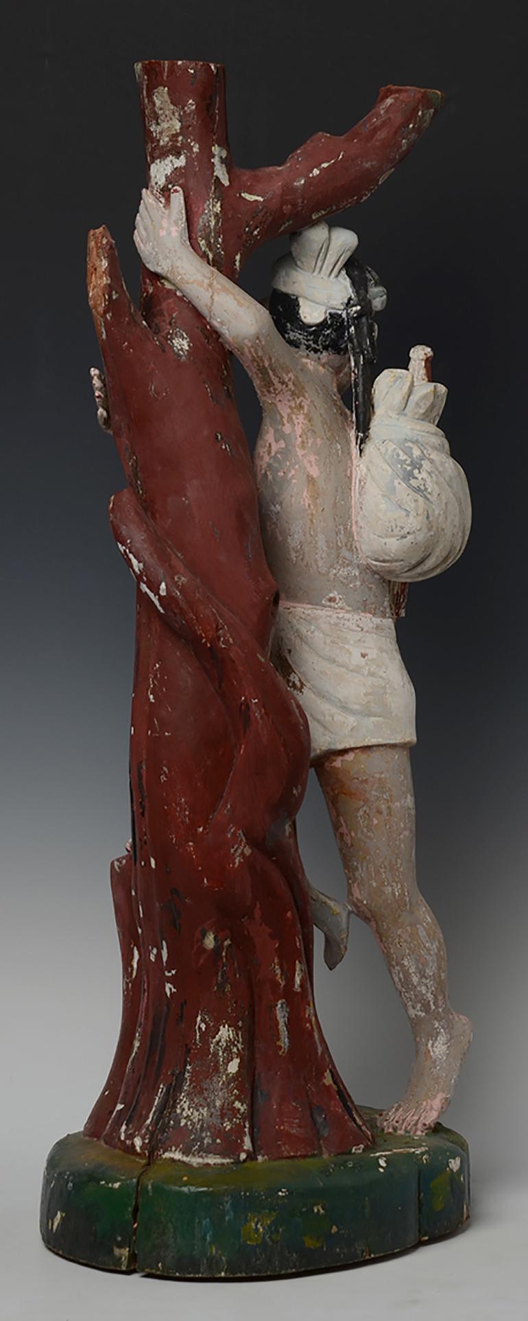 Late 19th Century, Late Mandalay, Antique Burmese Wooden Figure Climbing Tree For Sale 6