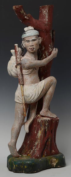 Late 19th Century, Late Mandalay, Antique Burmese Wooden Figure Climbing Tree