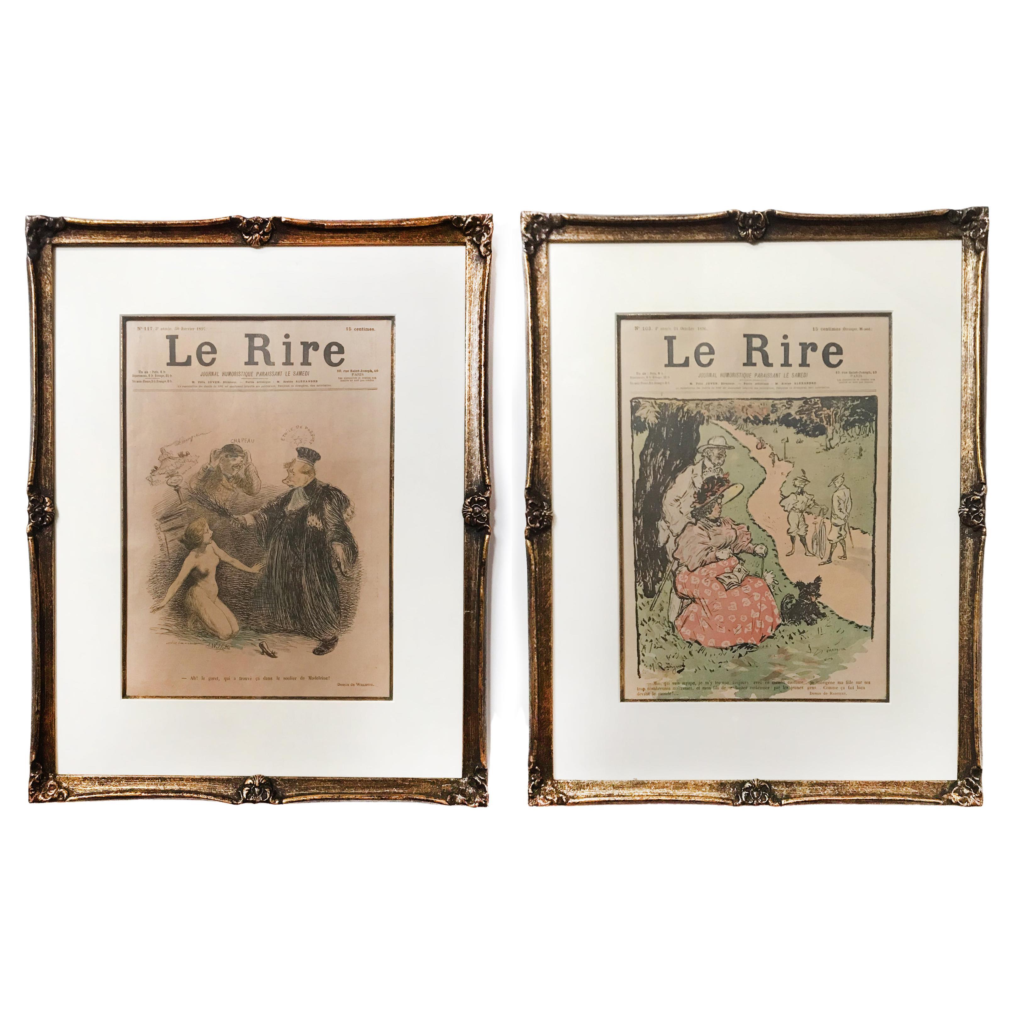 Couvertures de magazines originales « Le Rire » de la fin du XIXe siècle dans des cadres dorés, lot de 2 en vente