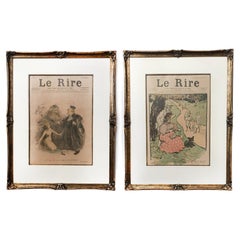 Antique Late 19th Century "Le Rire" Magazine Original Covers in Gold Frames, Set of 2