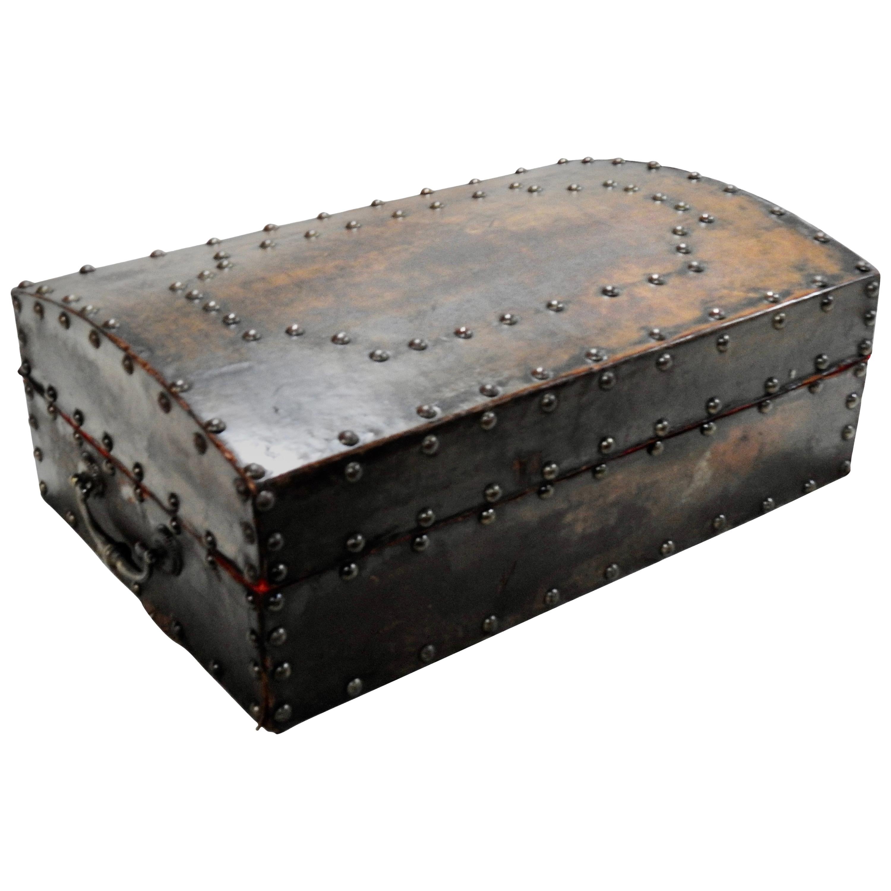 Late 19th Century Leather Box with Hammered Bronze Tacks For Sale