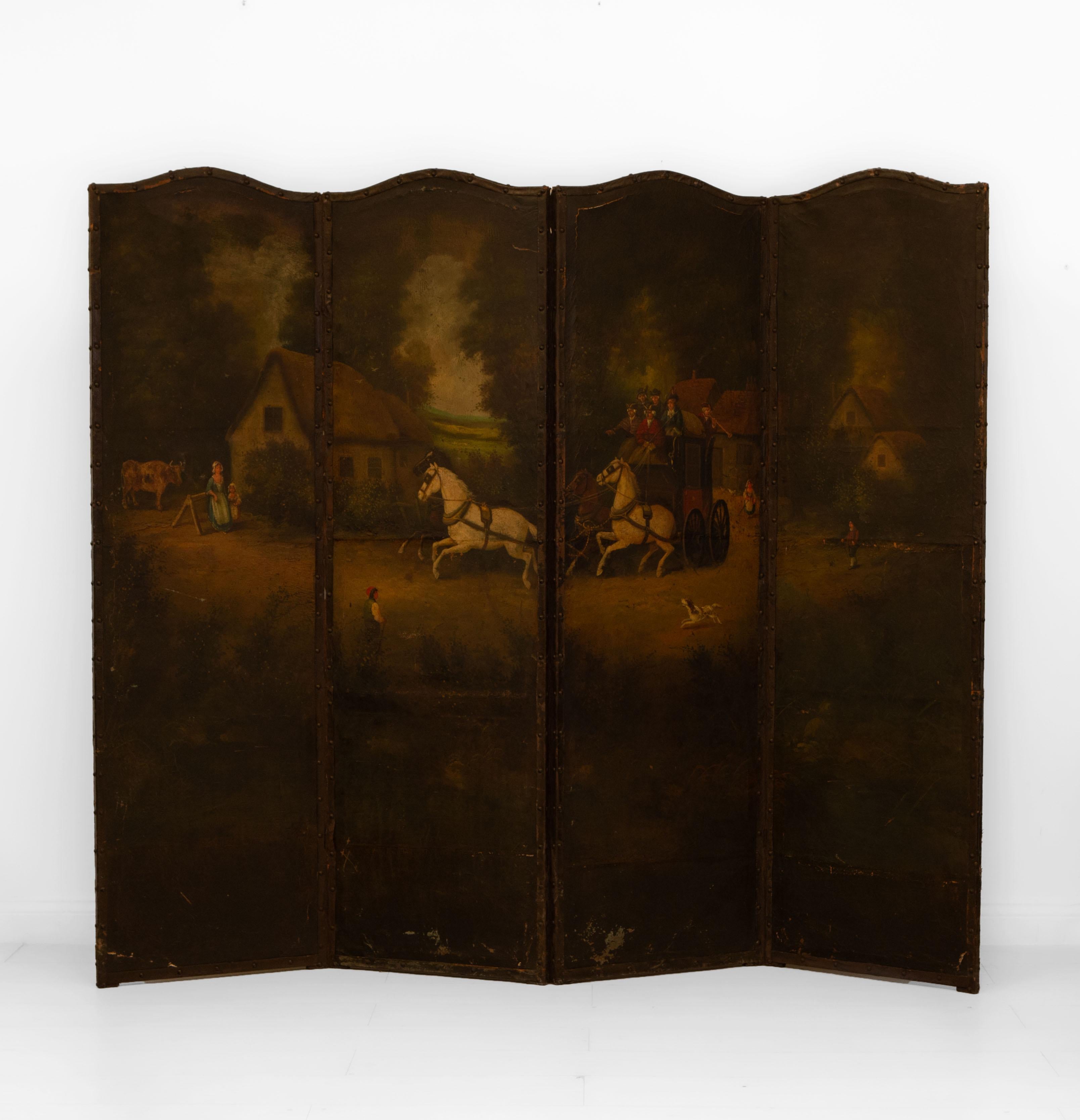 Late 19th Century Oil Painted Leather Folding Screen Room Divider Country Scene  12