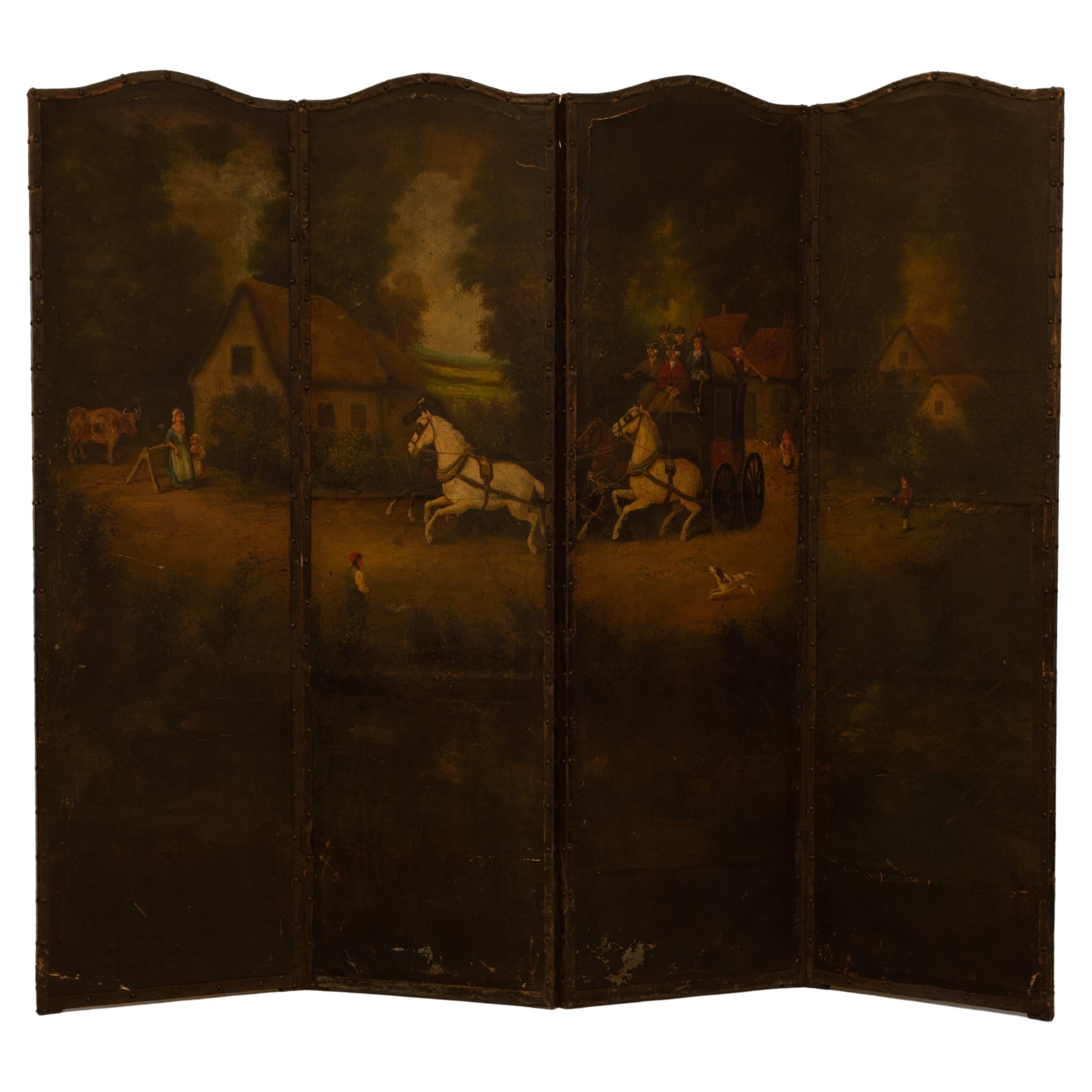 A wonderful decorative late 19th century four-panel folding screen/room divider. The four leather panels are hand-decorated in oils, depicting an early country scene with a horse drawn carriage passing through a village. Essentially a large oil