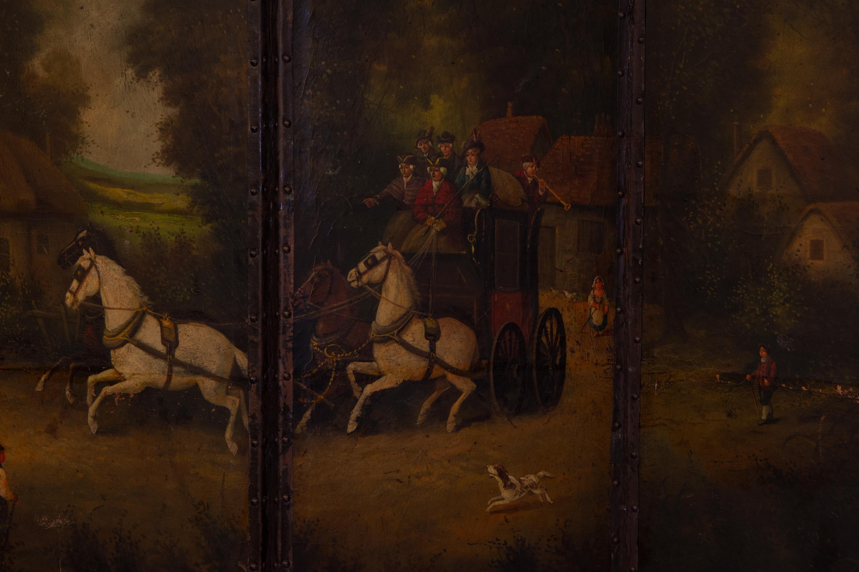 Late 19th Century Oil Painted Leather Folding Screen Room Divider Country Scene  2