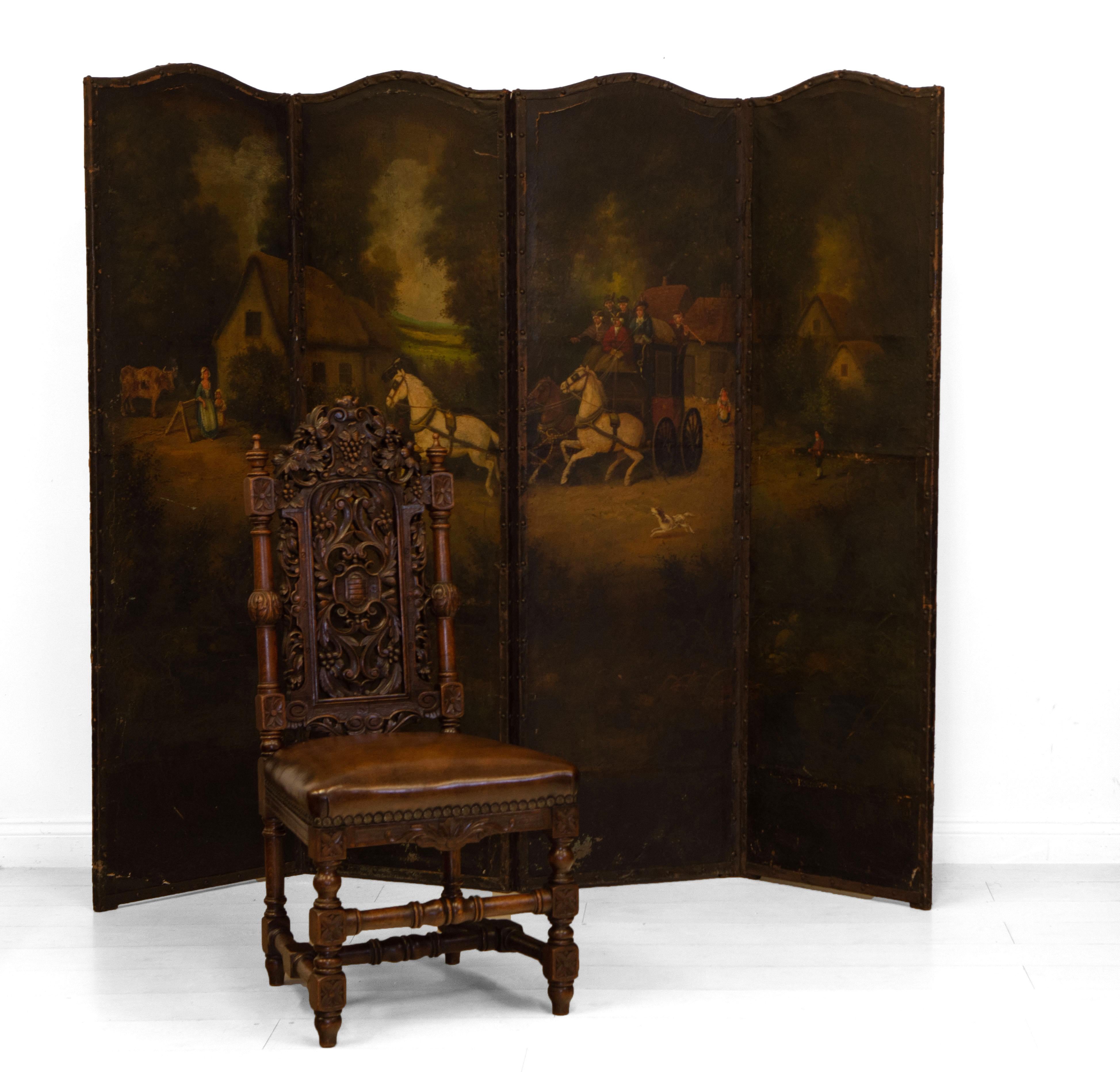 Late 19th Century Oil Painted Leather Folding Screen Room Divider Country Scene  3