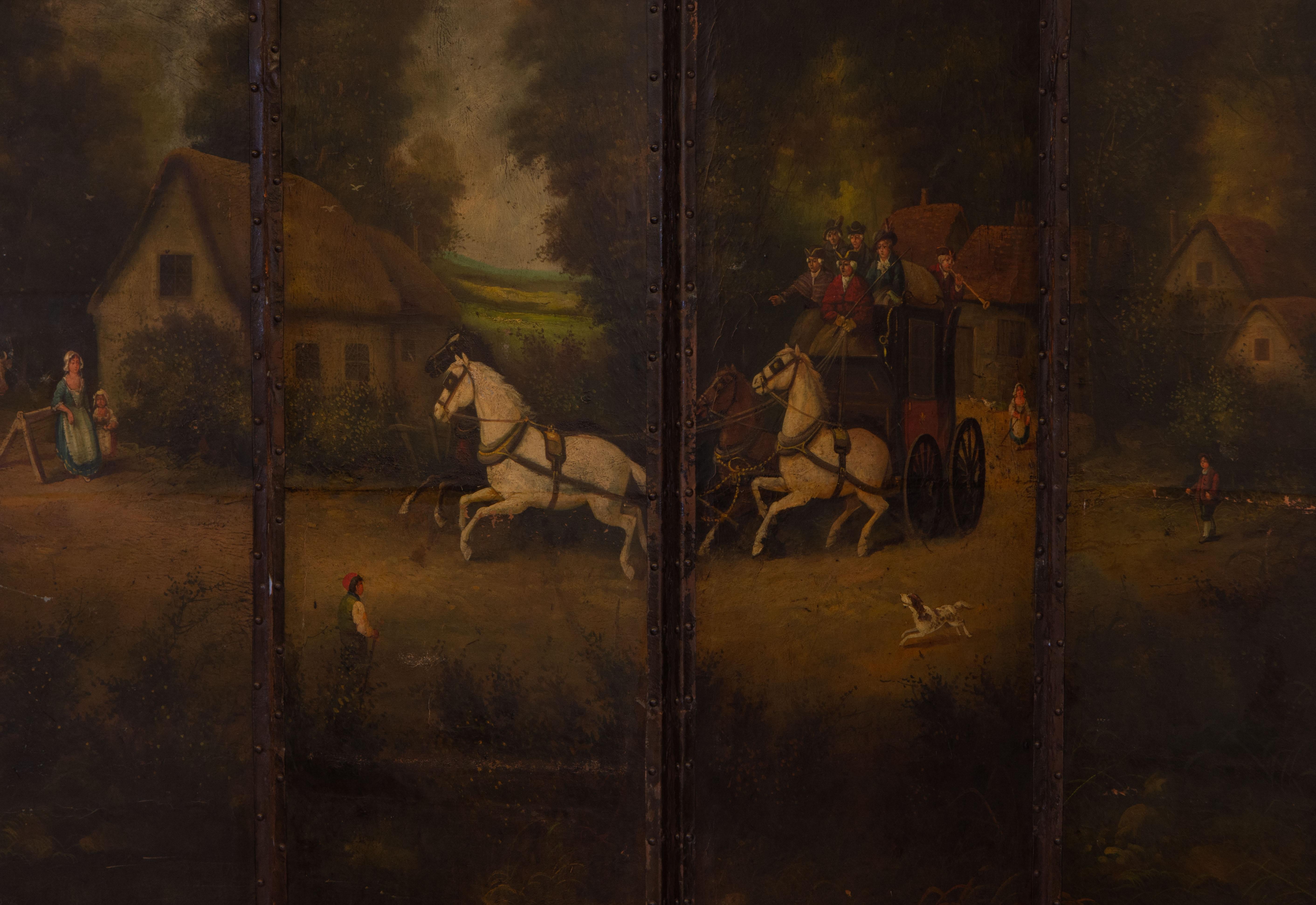 Late 19th Century Oil Painted Leather Folding Screen Room Divider Country Scene 