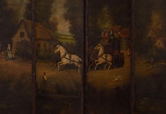 Antique Late 19th Century Oil Painted Leather Folding Screen Room Divider Country Scene 