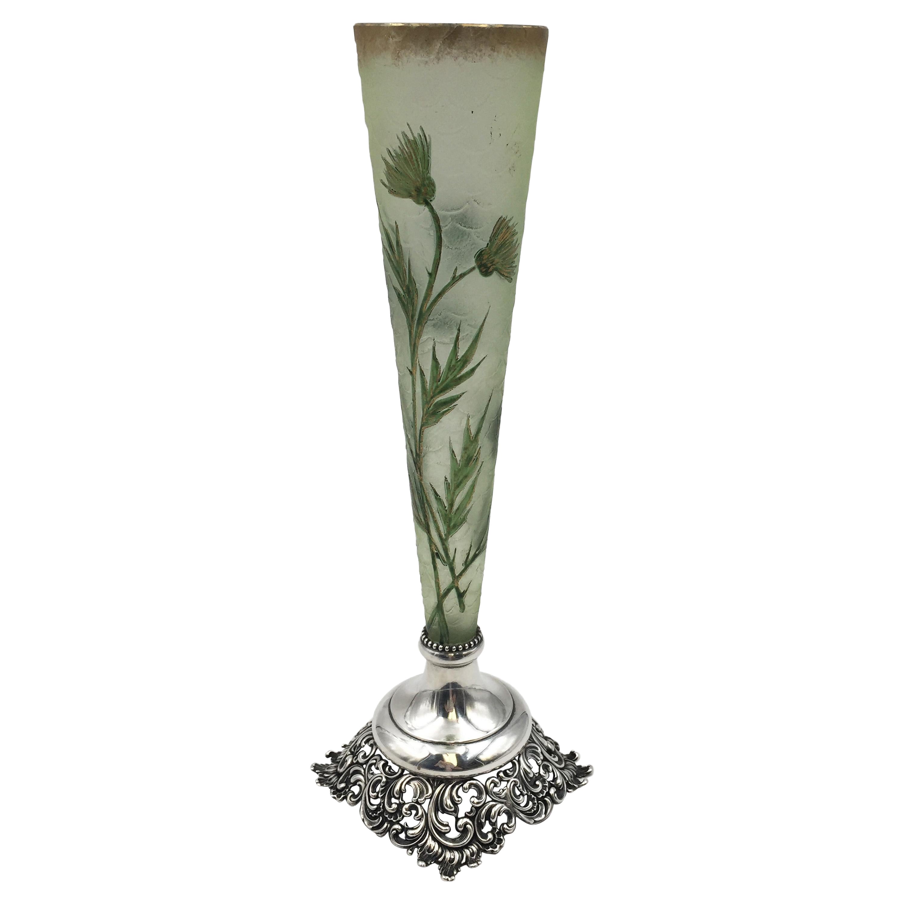 Late 19th Century Lebkuecher Sterling Silver and French Glass Vase Arts & Crafts