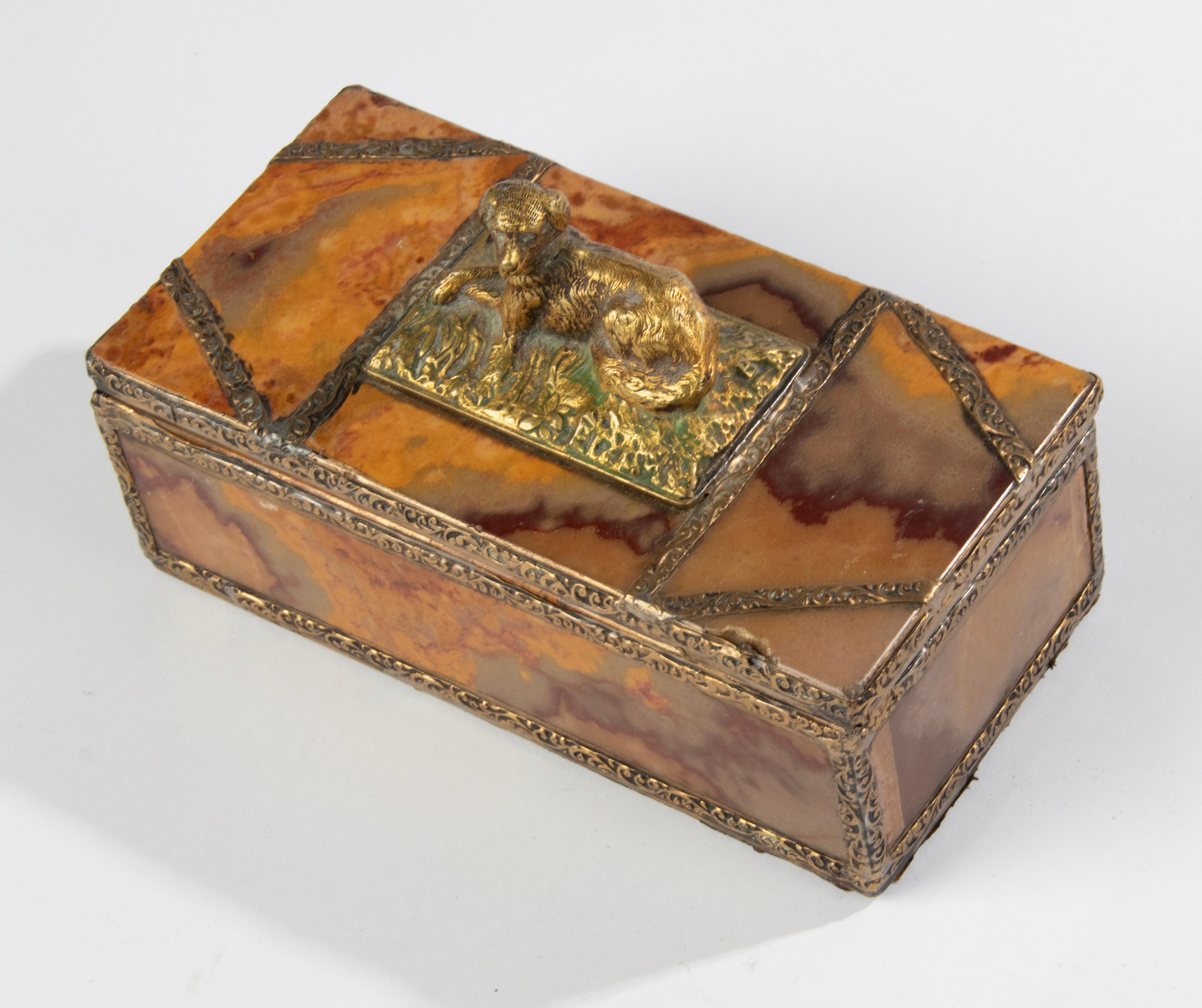 Brass Late 19th Century Lidded Onyx box with Bronze Dog For Sale