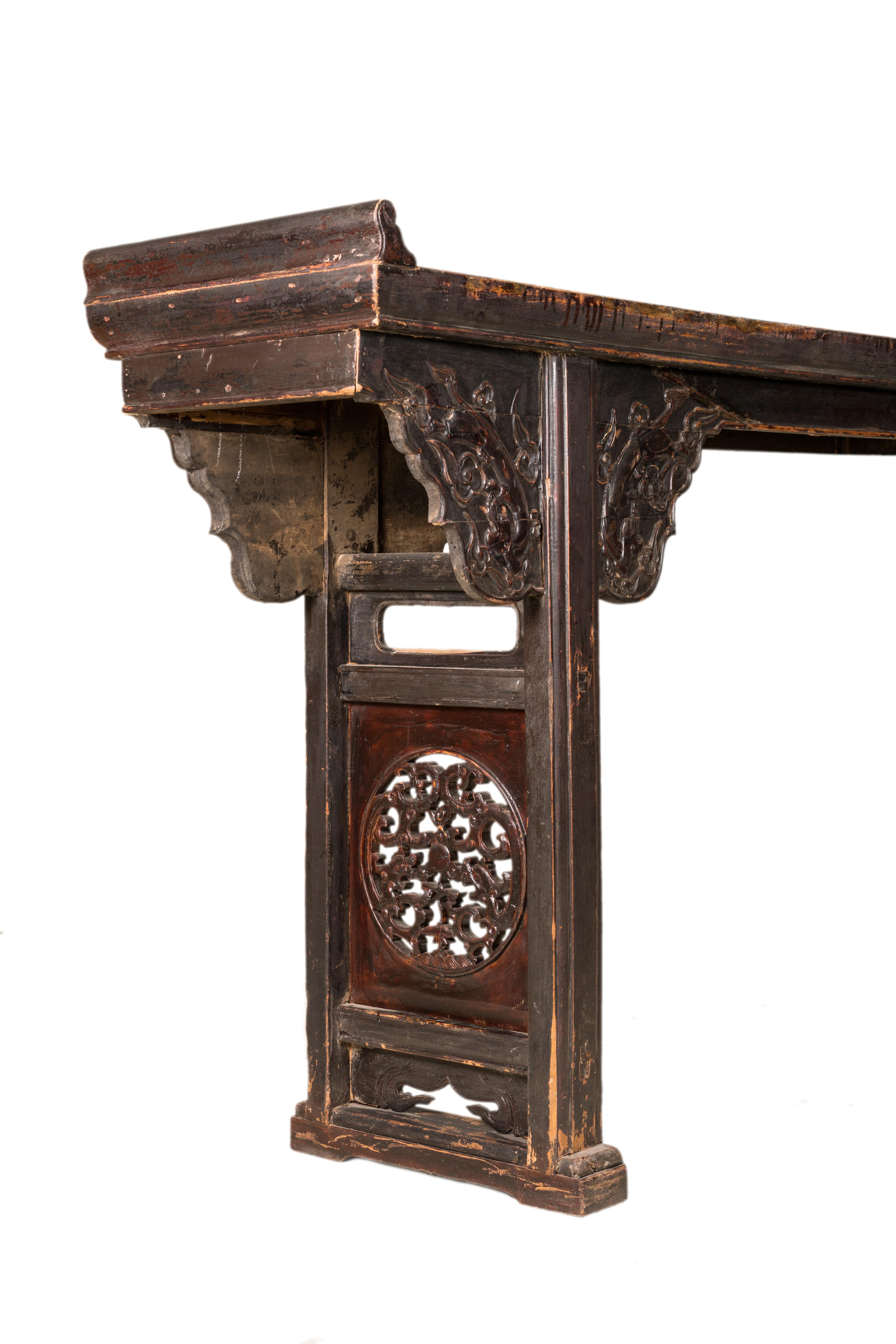 Chinese Late 19th Century Long Elmwood Console Table