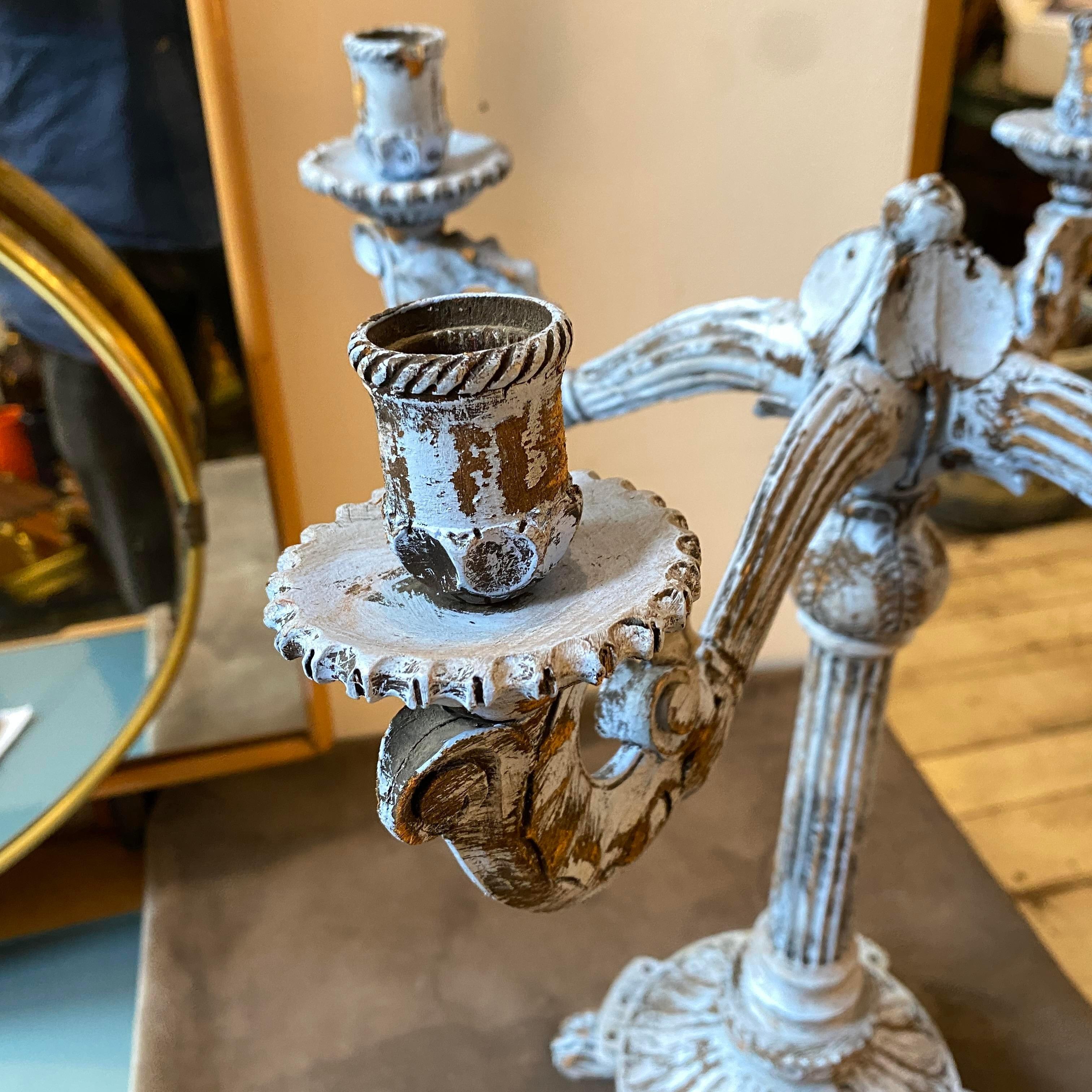 Hand-Carved Late 19th Century Louis Philippe Blue Painted Wood Sicilian Candelabra For Sale