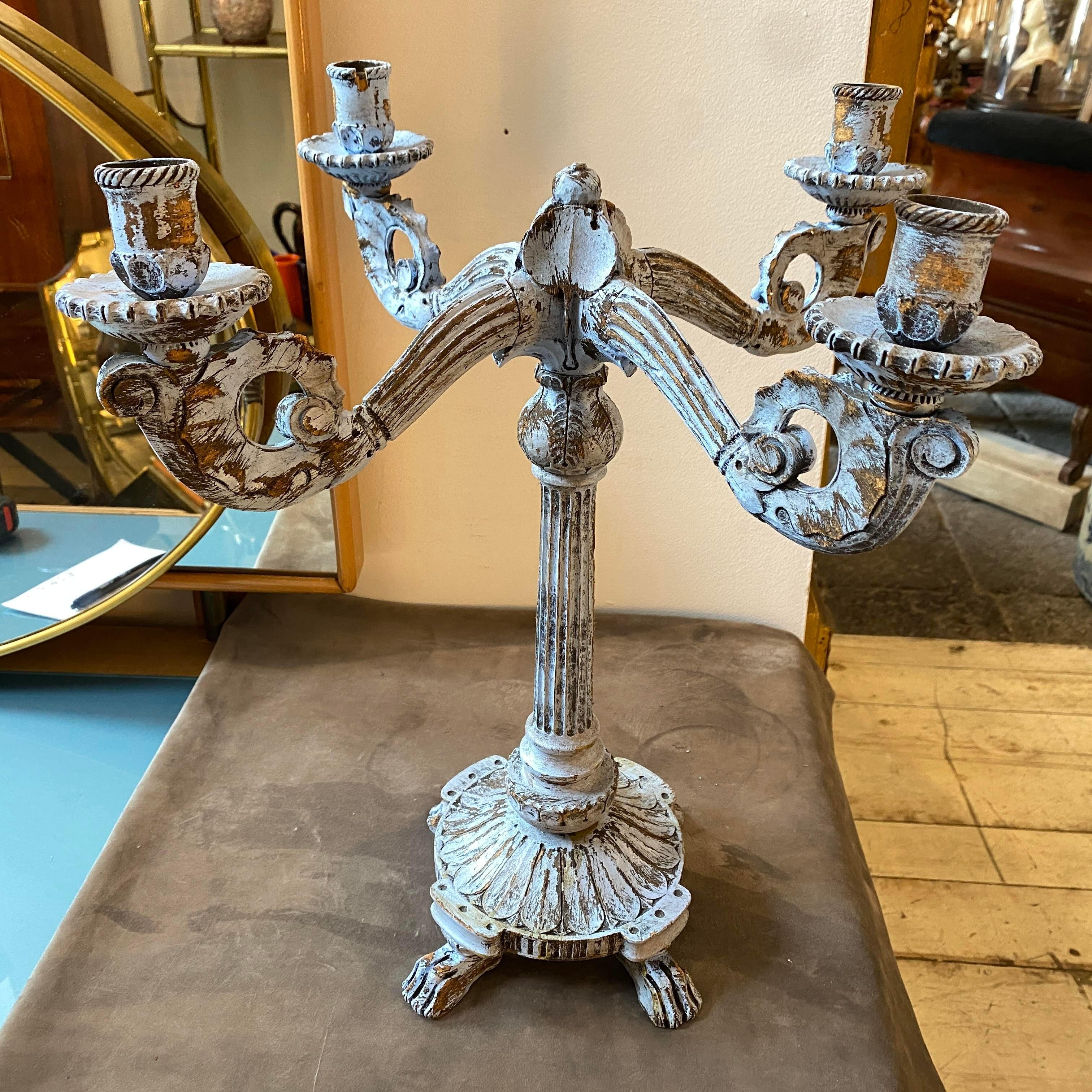 Fruitwood Late 19th Century Louis Philippe Blue Painted Wood Sicilian Candelabra For Sale