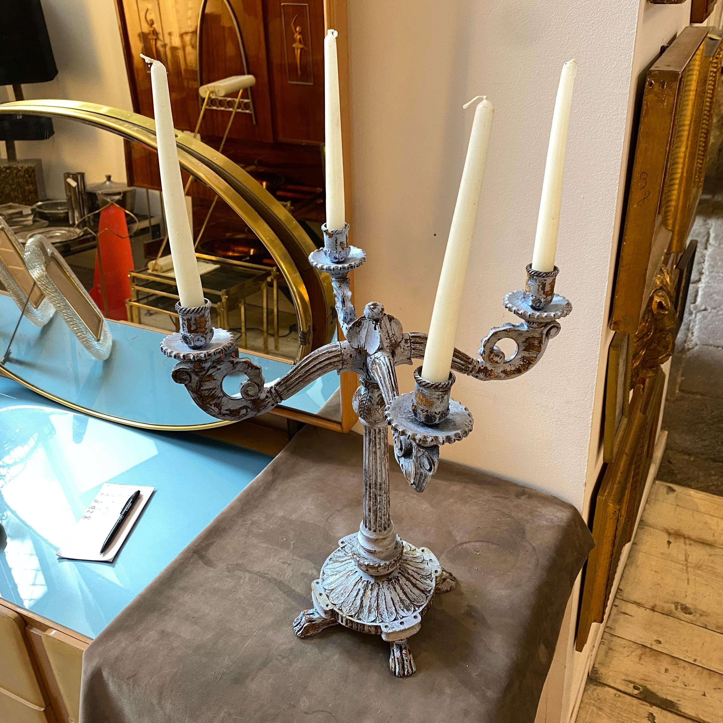 Late 19th Century Louis Philippe Blue Painted Wood Sicilian Candelabra For Sale 2