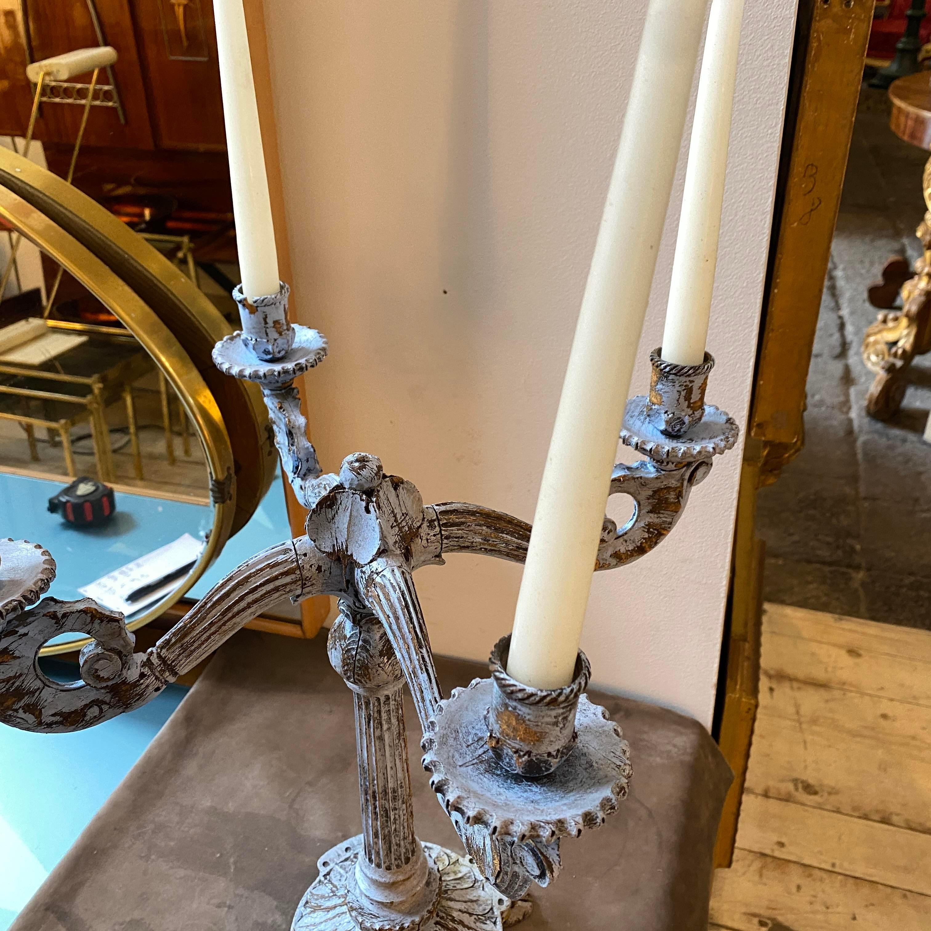 Late 19th Century Louis Philippe Blue Painted Wood Sicilian Candelabra For Sale 3