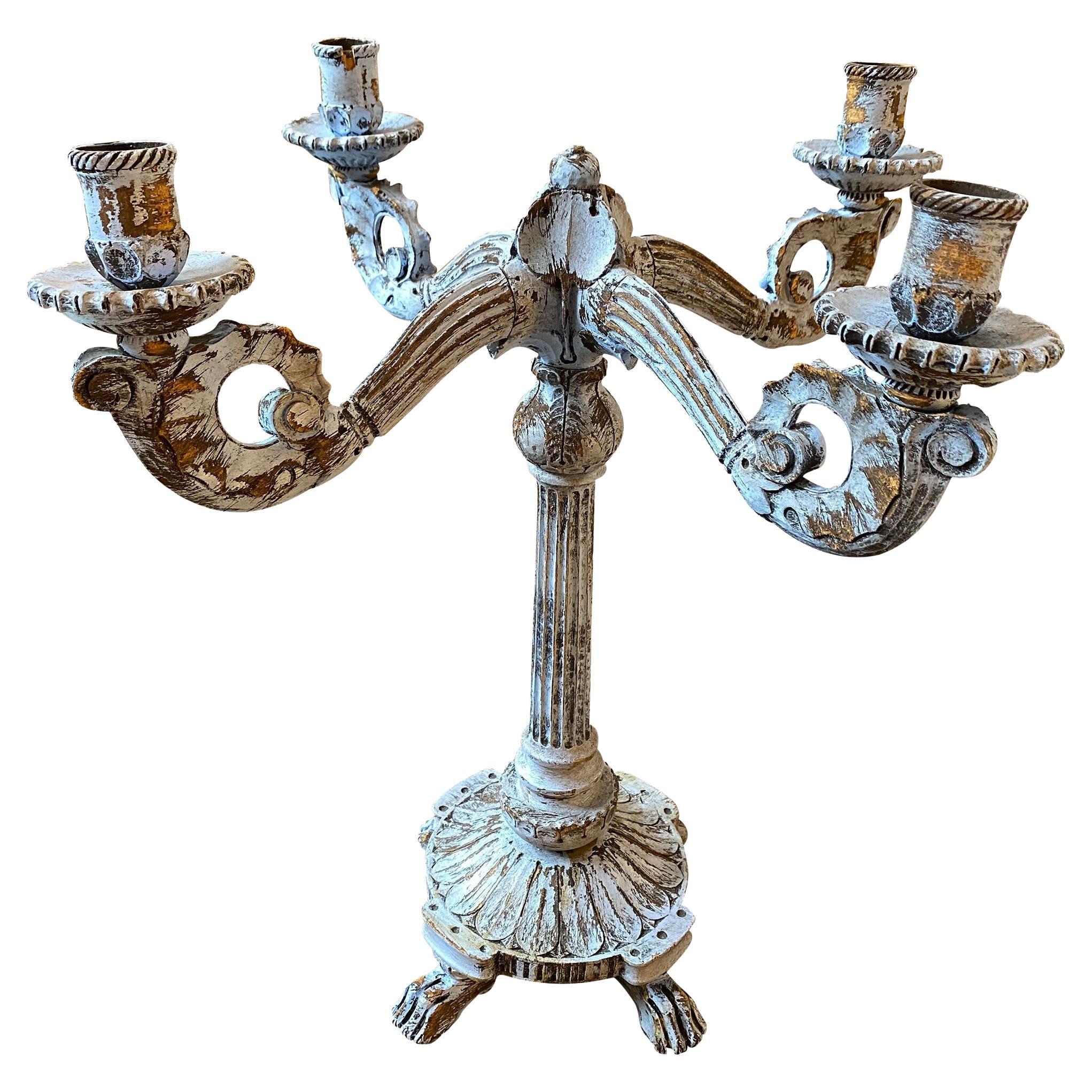 Late 19th Century Louis Philippe Blue Painted Wood Sicilian Candelabra