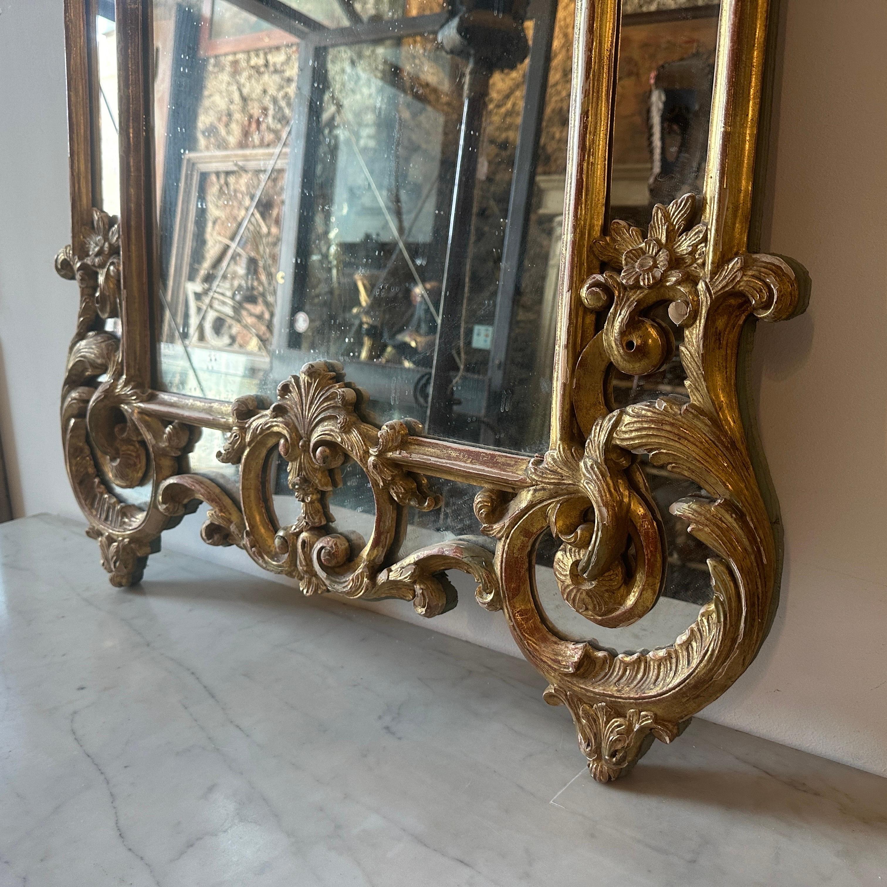 Mercury Glass Late 19th Century Louis Philippe Gilded Wood Italian Wall Mirror For Sale