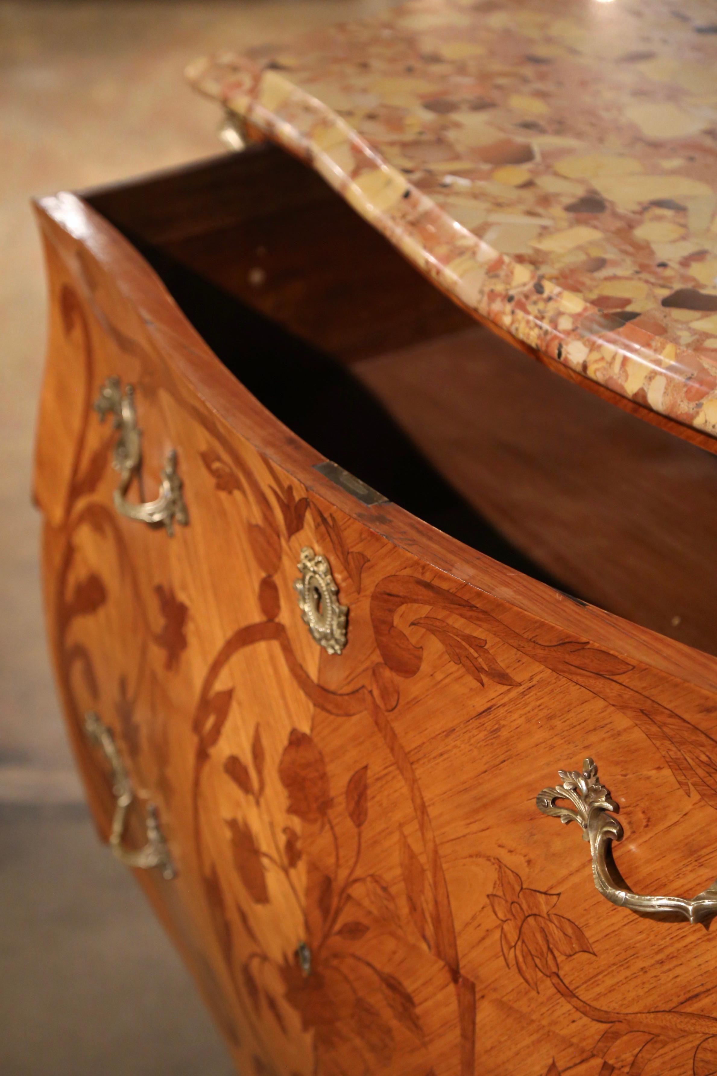 Late 19th Century Louis XV Marble Top Marquetry & Ormolu Bombe Chest of Drawers For Sale 4