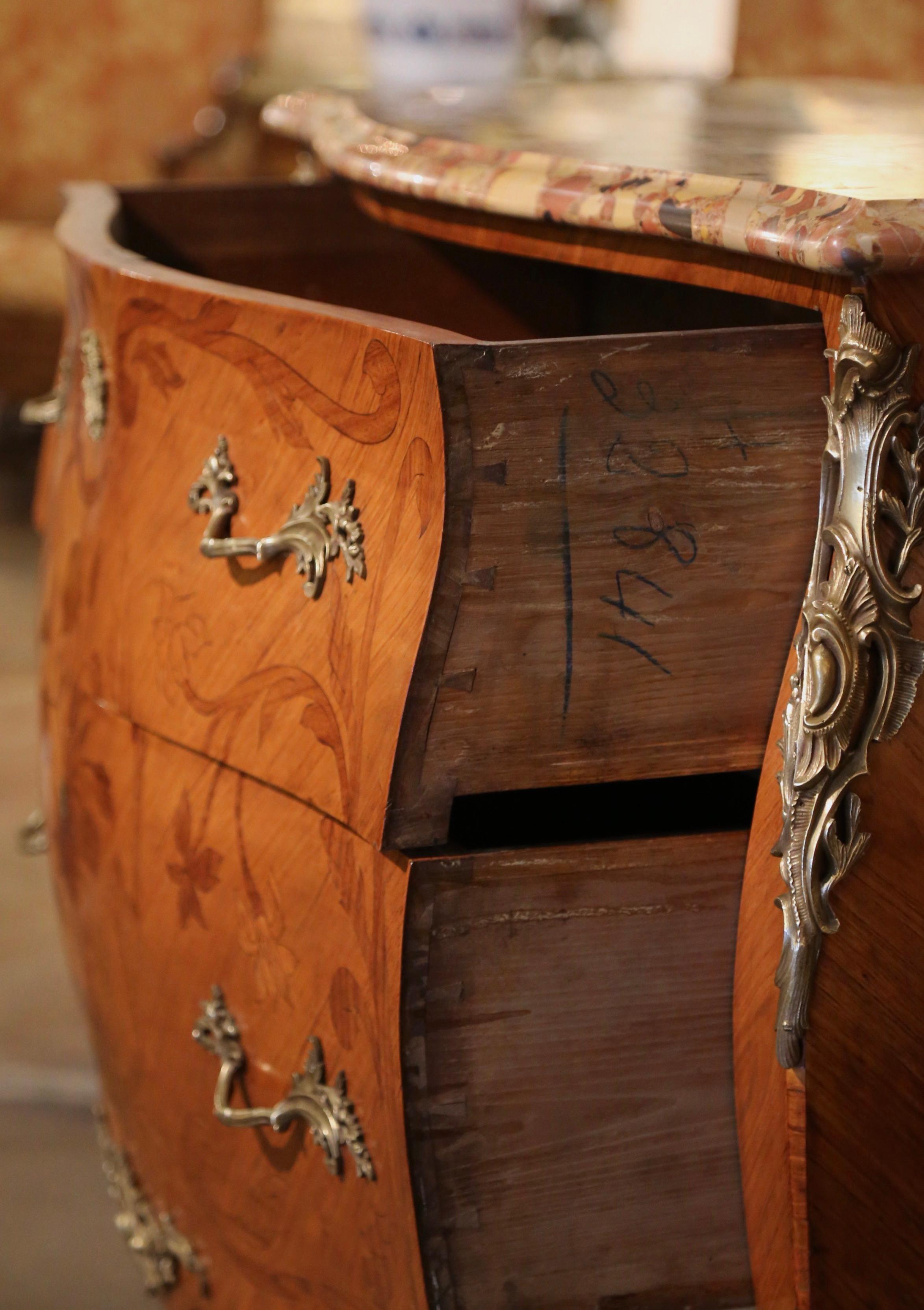 Late 19th Century Louis XV Marble Top Marquetry & Ormolu Bombe Chest of Drawers For Sale 5