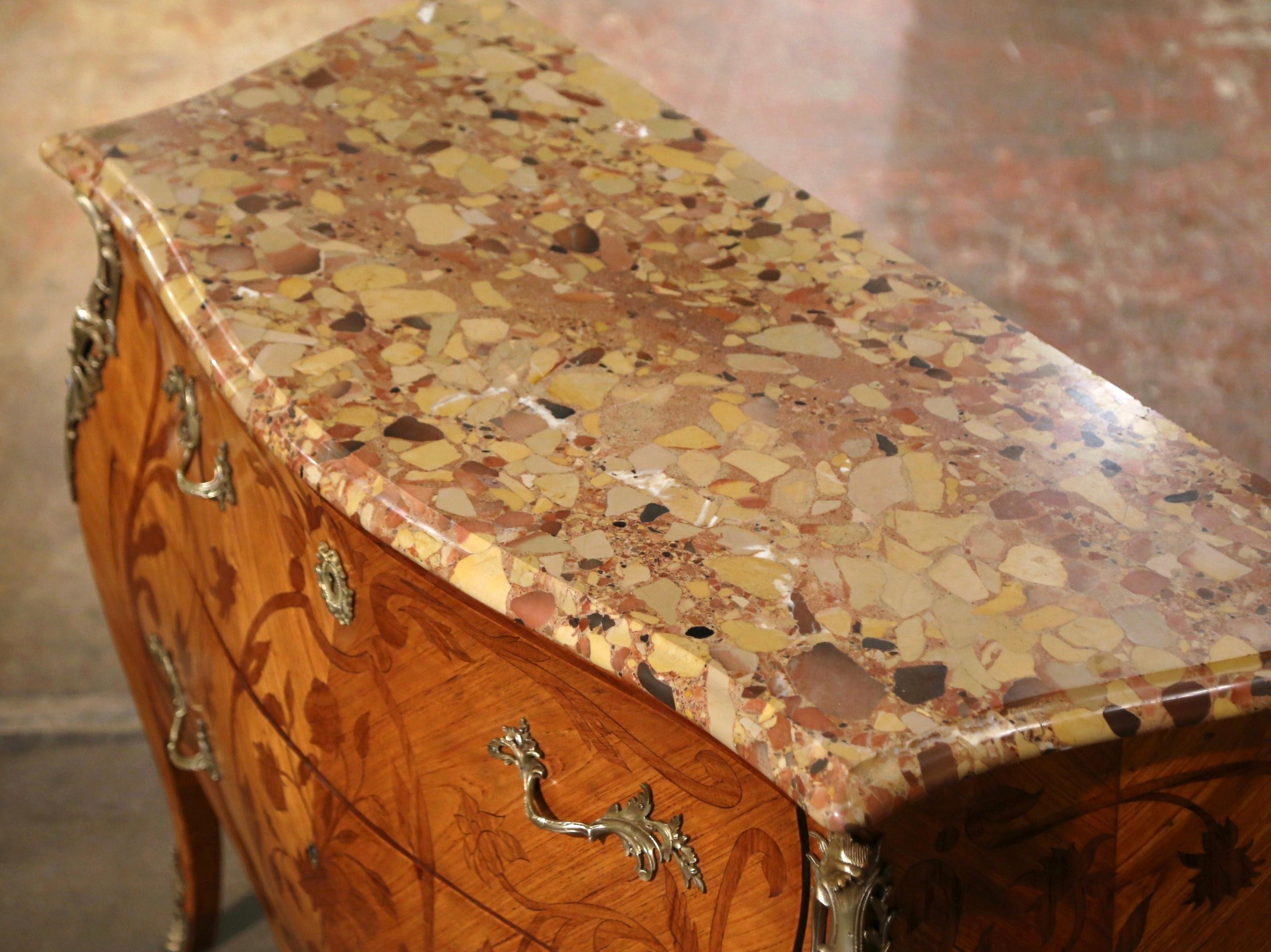 French Late 19th Century Louis XV Marble Top Marquetry & Ormolu Bombe Chest of Drawers For Sale