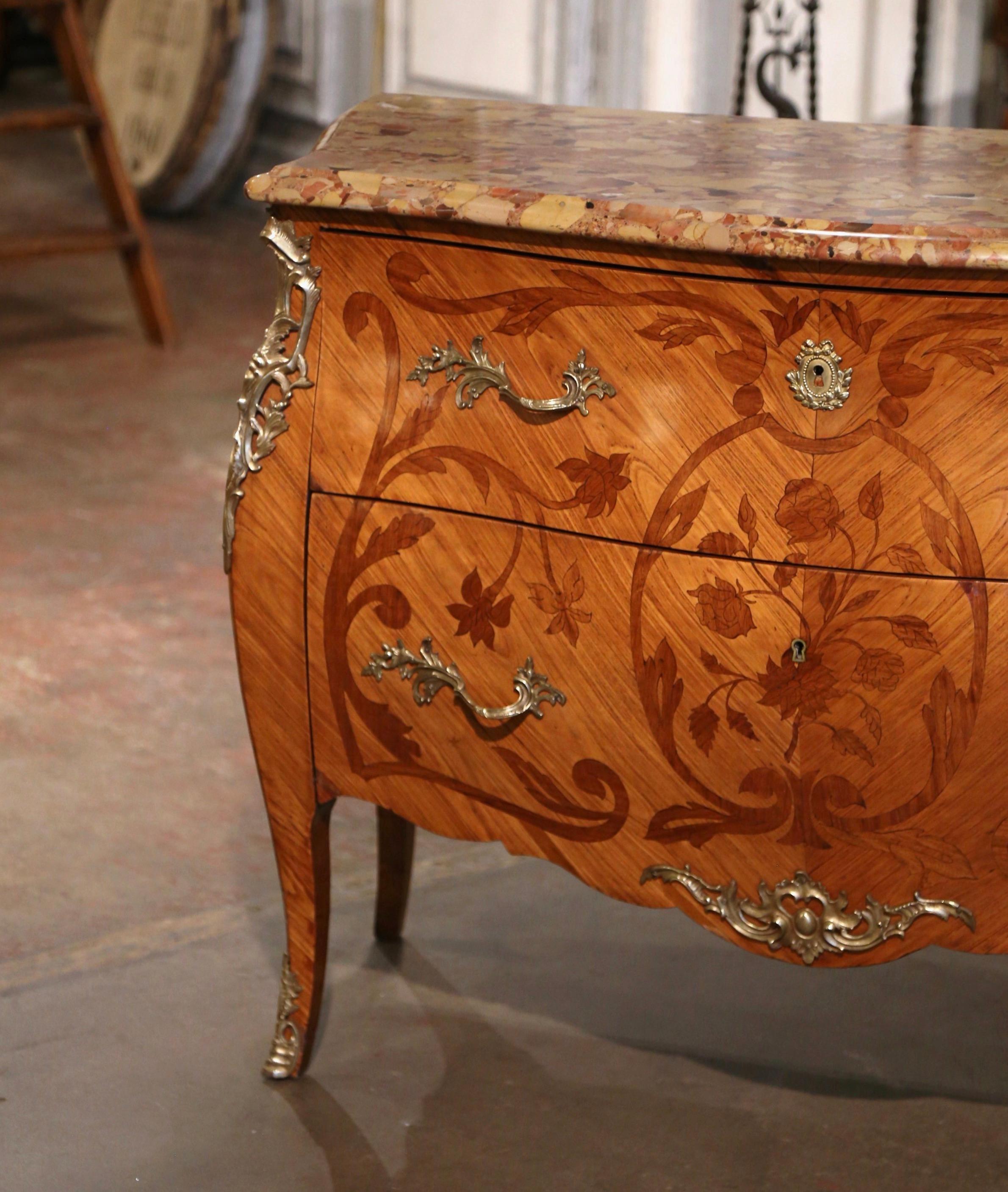 Hand-Crafted Late 19th Century Louis XV Marble Top Marquetry & Ormolu Bombe Chest of Drawers For Sale