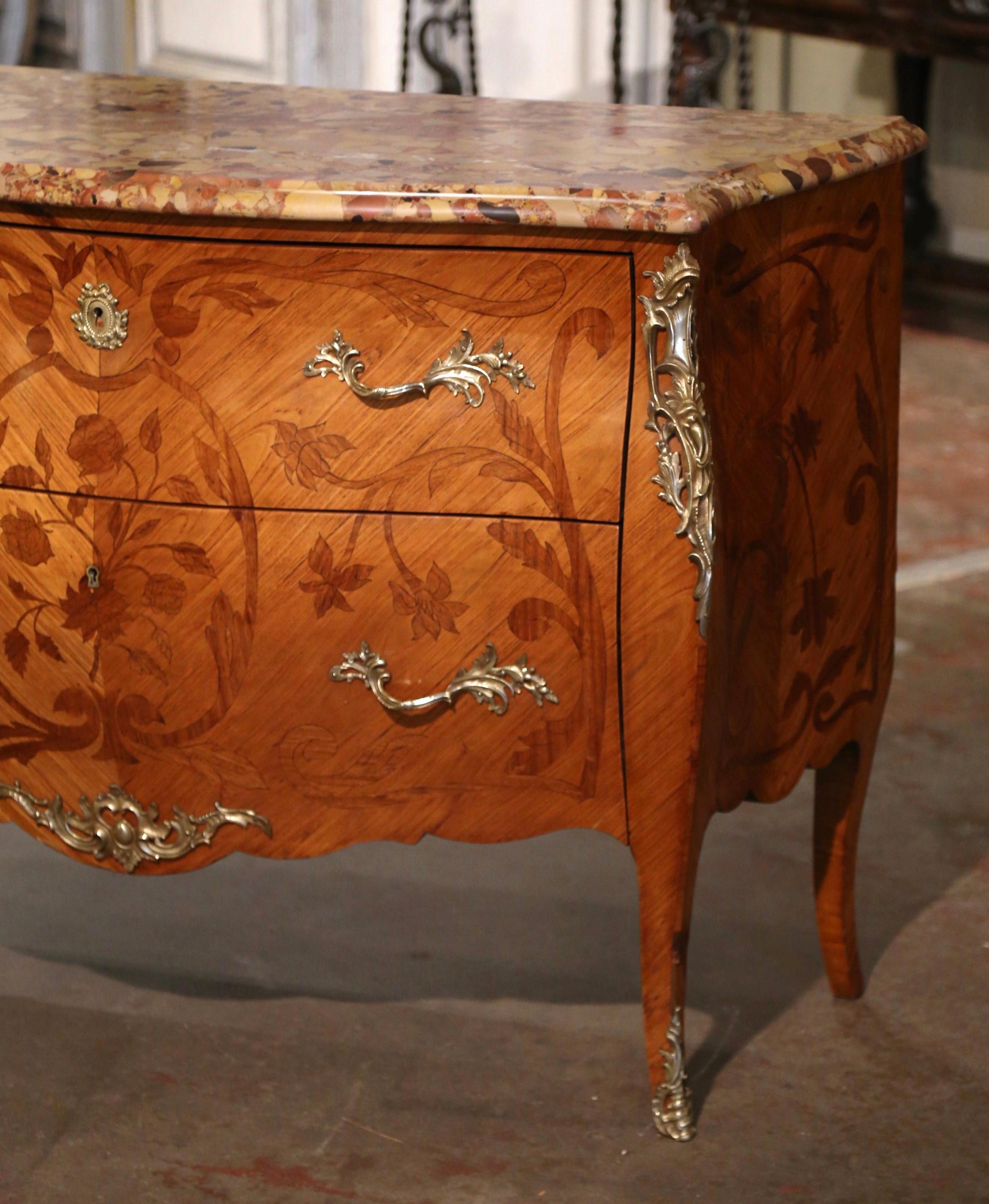 Late 19th Century Louis XV Marble Top Marquetry & Ormolu Bombe Chest of Drawers In Excellent Condition For Sale In Dallas, TX