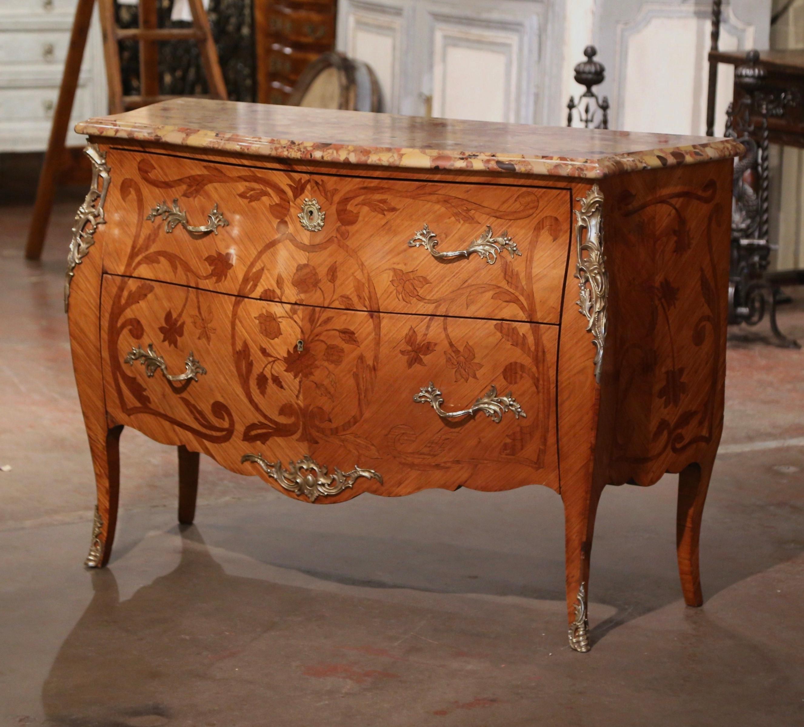 Bronze Late 19th Century Louis XV Marble Top Marquetry & Ormolu Bombe Chest of Drawers For Sale