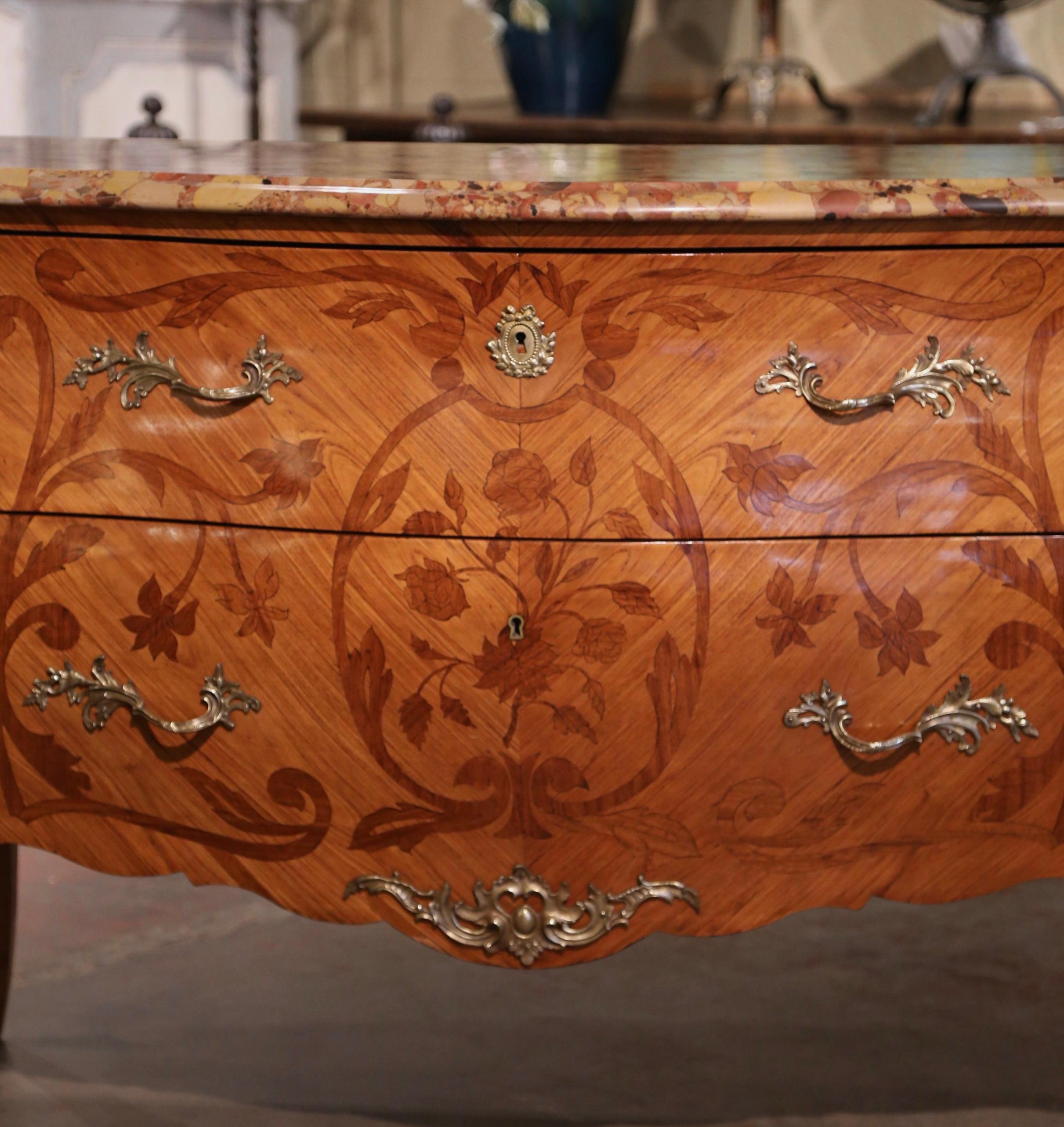 Late 19th Century Louis XV Marble Top Marquetry & Ormolu Bombe Chest of Drawers For Sale 1