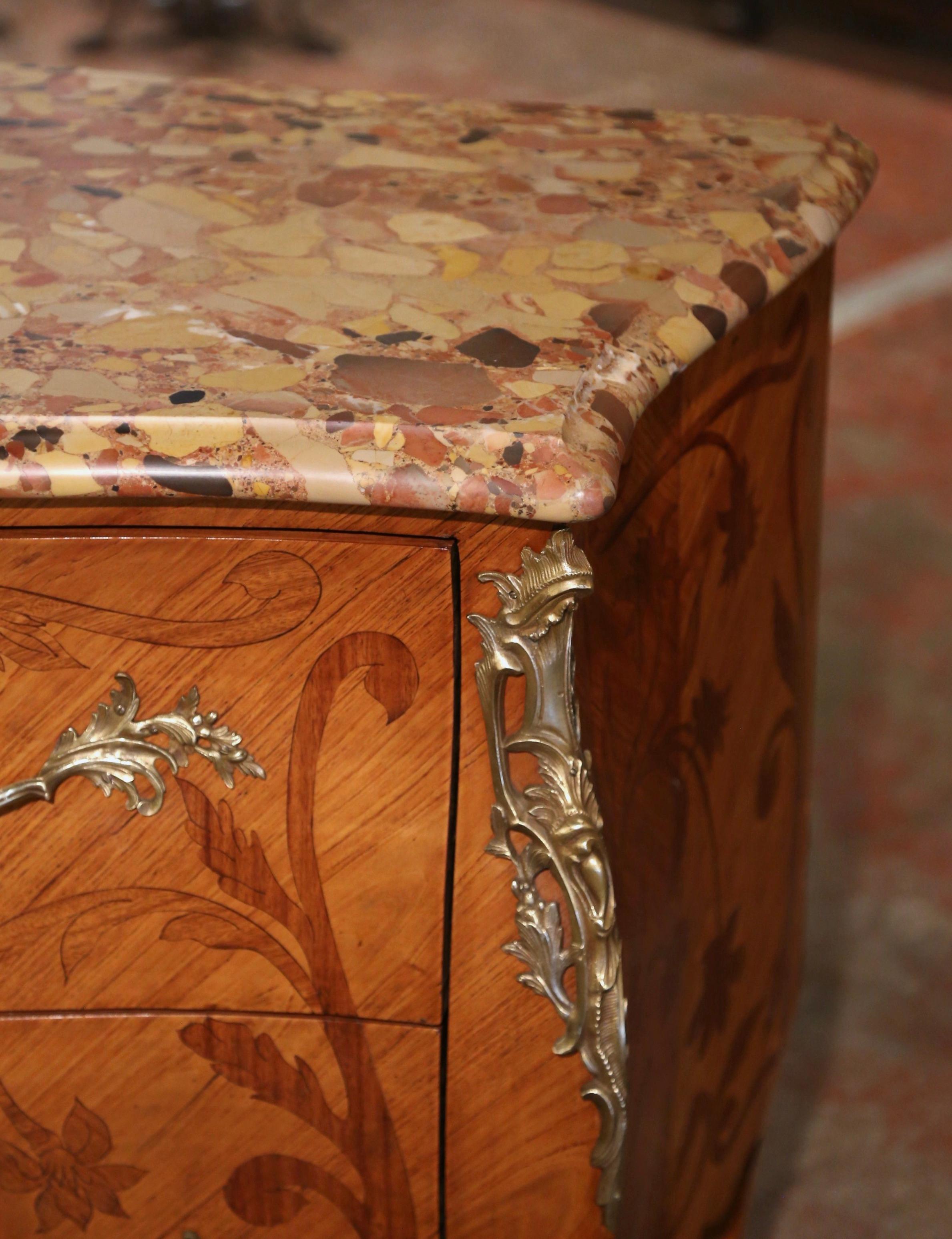 Late 19th Century Louis XV Marble Top Marquetry & Ormolu Bombe Chest of Drawers For Sale 2