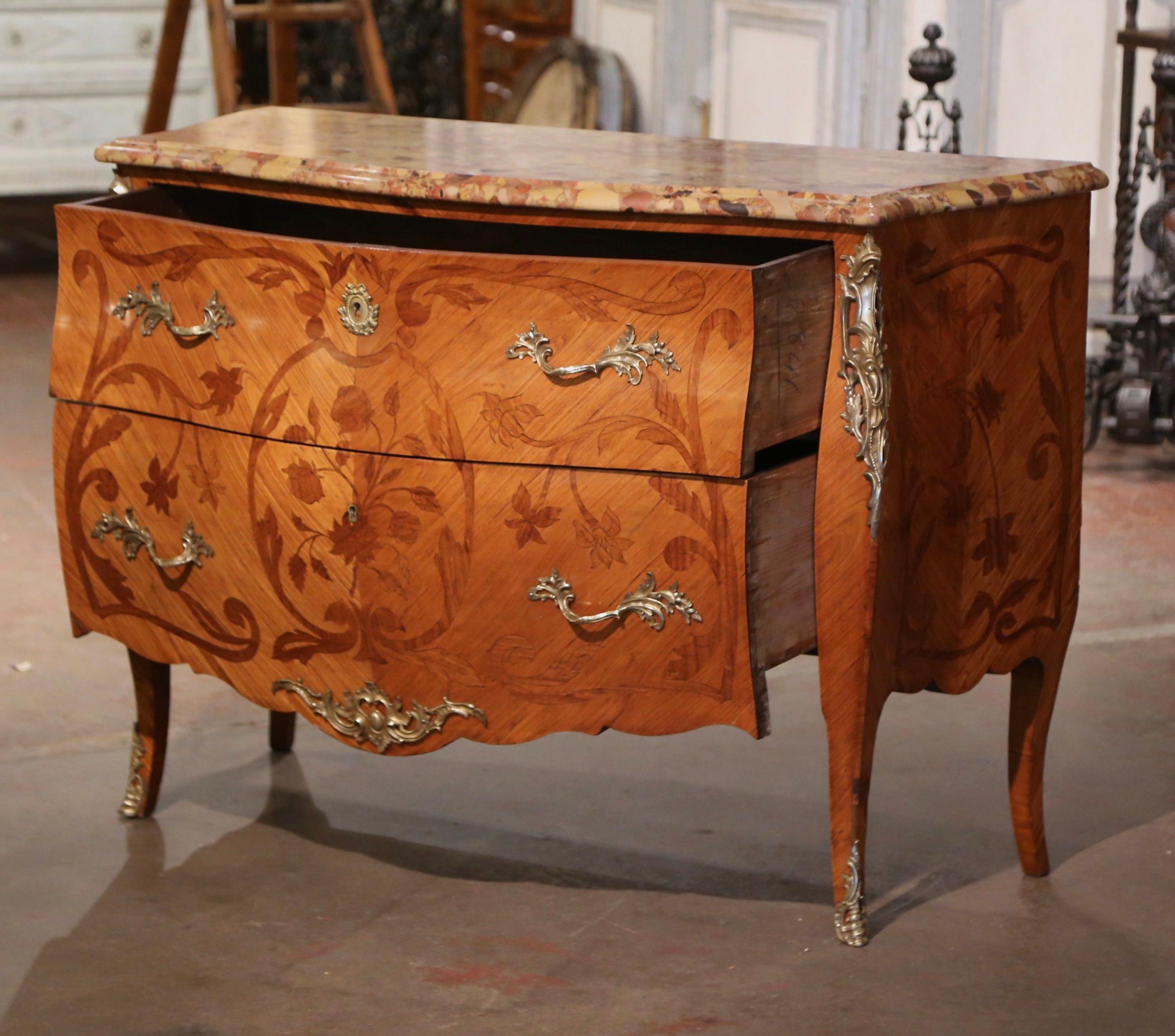 Late 19th Century Louis XV Marble Top Marquetry & Ormolu Bombe Chest of Drawers For Sale 3