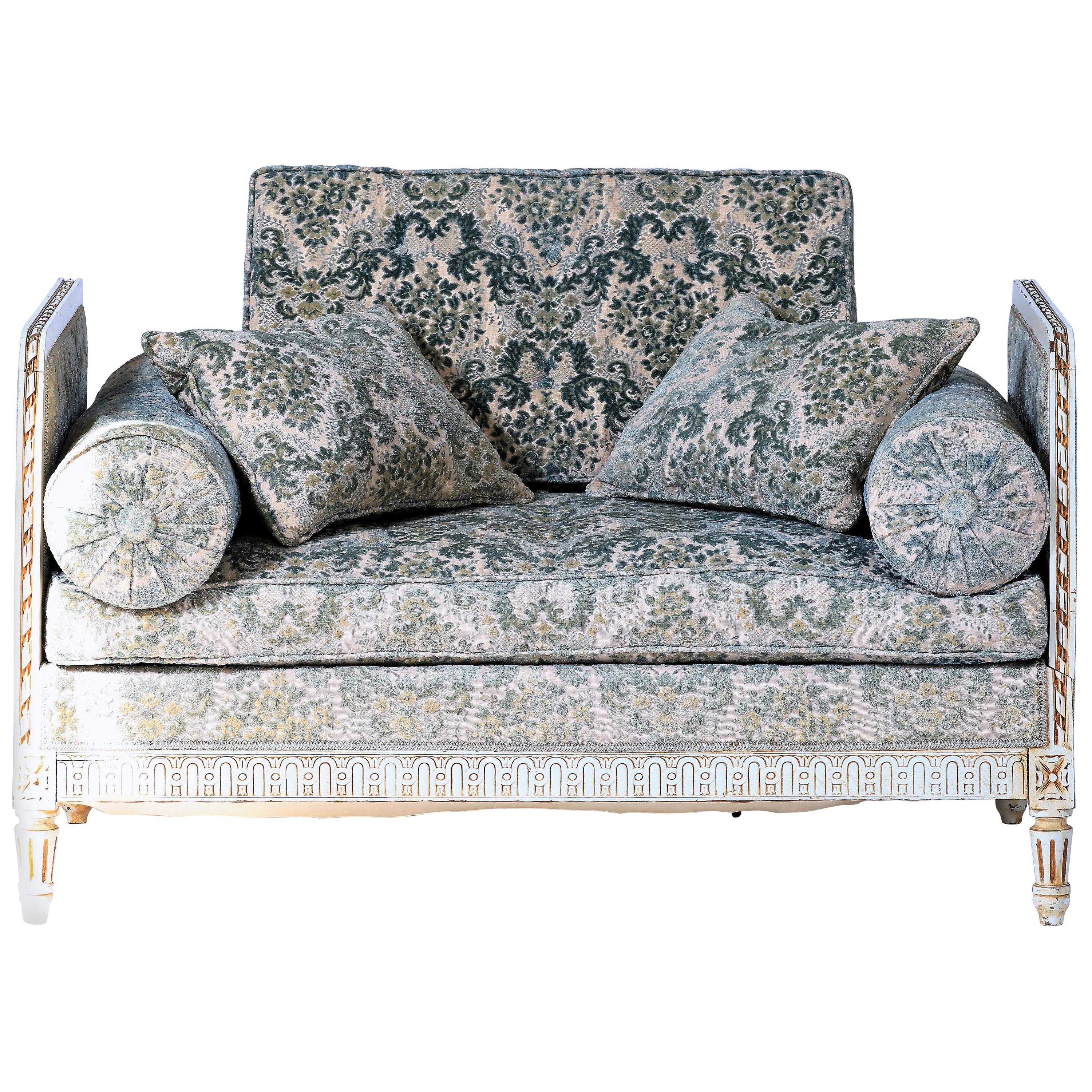 Late 19th Century, Louis XVI Style Bench Sofa Green Blue White Velour French