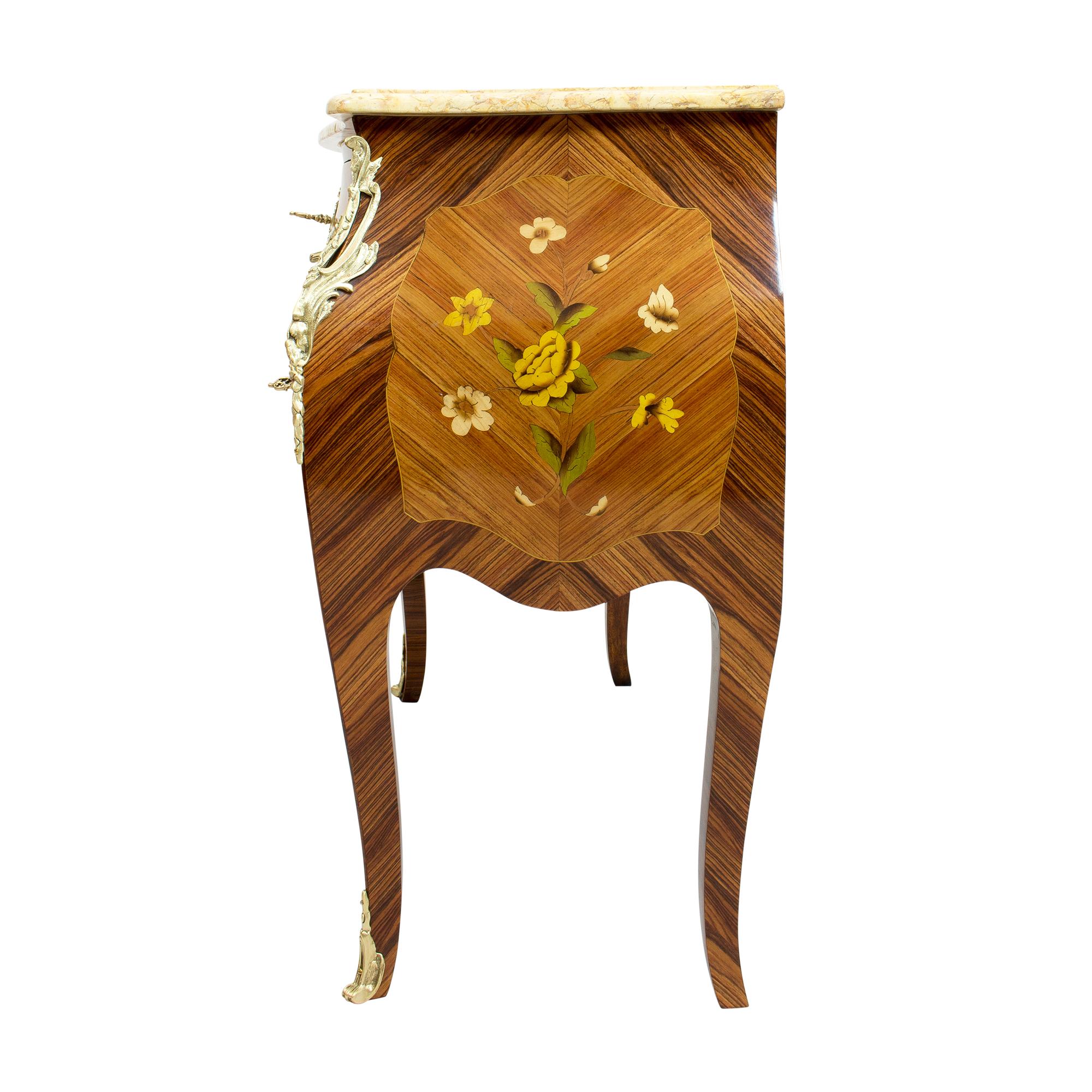 French Late 19th Century Louis XV Style Bronze and Marquetry Petit Bombe Commode  For Sale