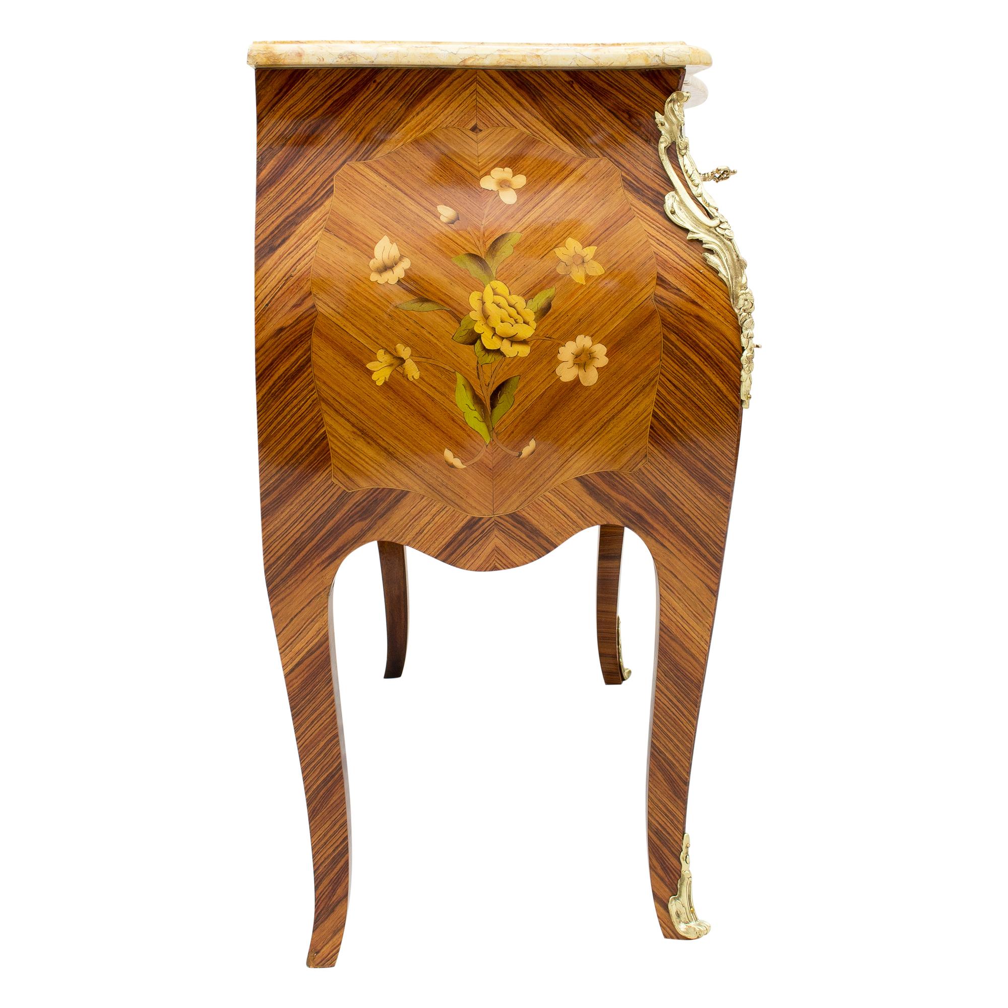 Polished Late 19th Century Louis XV Style Bronze and Marquetry Petit Bombe Commode  For Sale