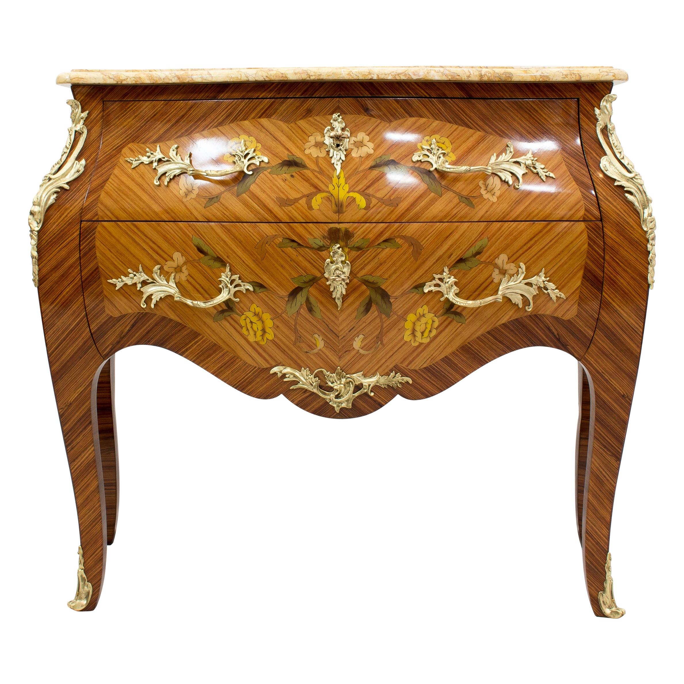 Late 19th Century Louis XV Style Bronze and Marquetry Petit Bombe Commode 