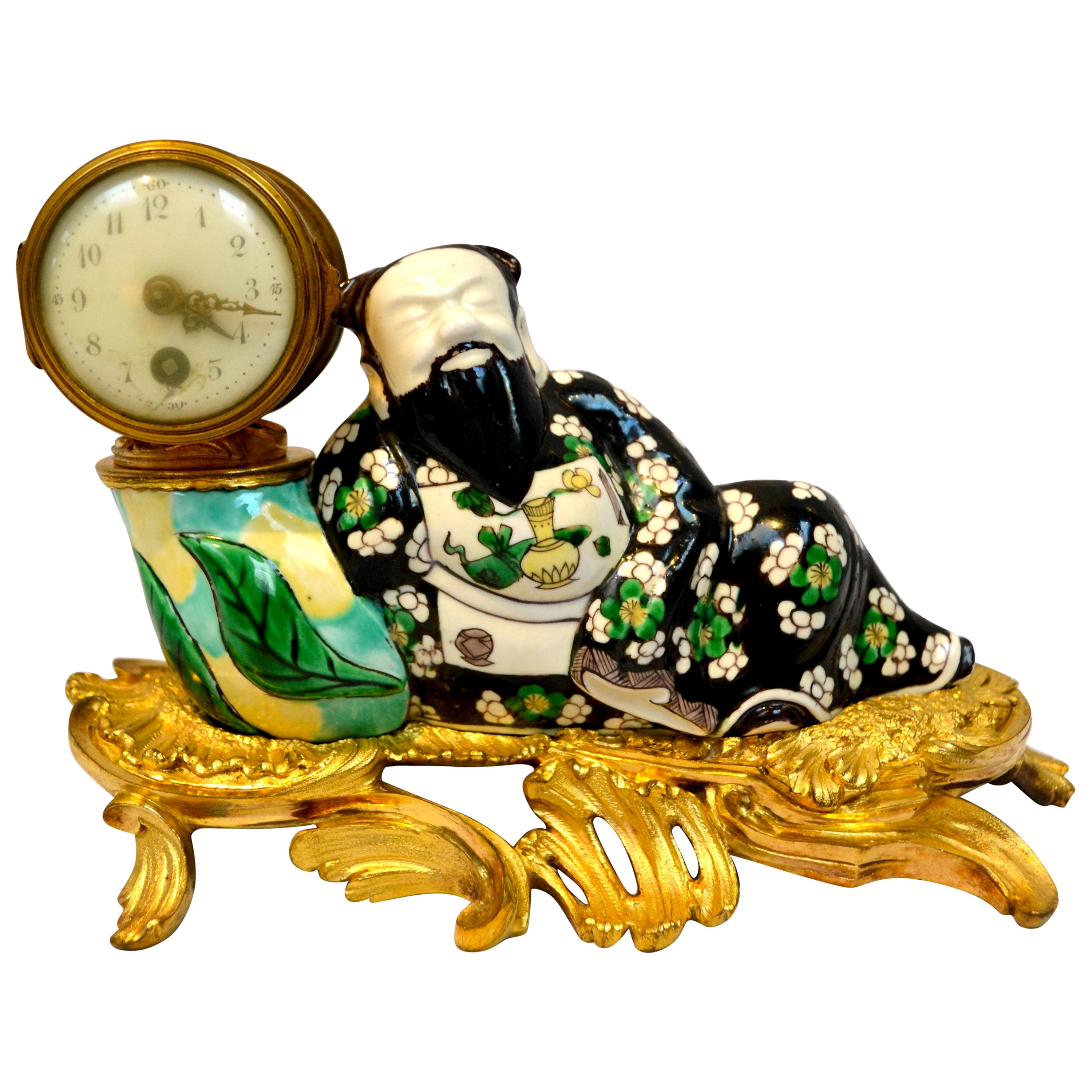 Late 19th Century Louis XV-Style Chinese Porcelain and Gilt Bronze Desk Clock 