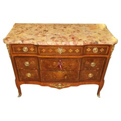 Antique Late 19th Century Louis XV Style French Inlaid Marble Top Dresser Chest Commode