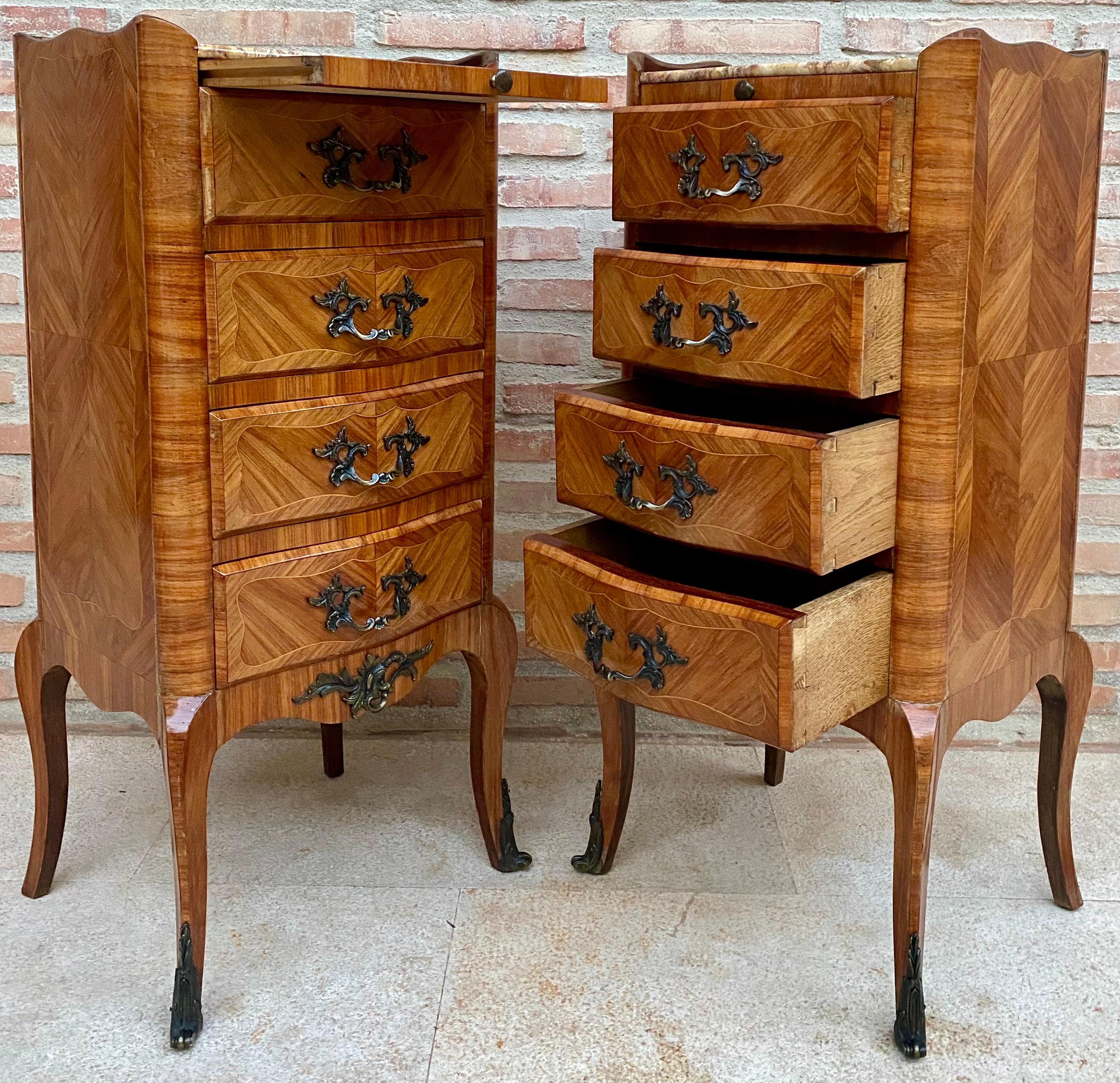 Bronze Late 19th Century Louis XV Style French Marquetry and Marble Chests of Drawers For Sale