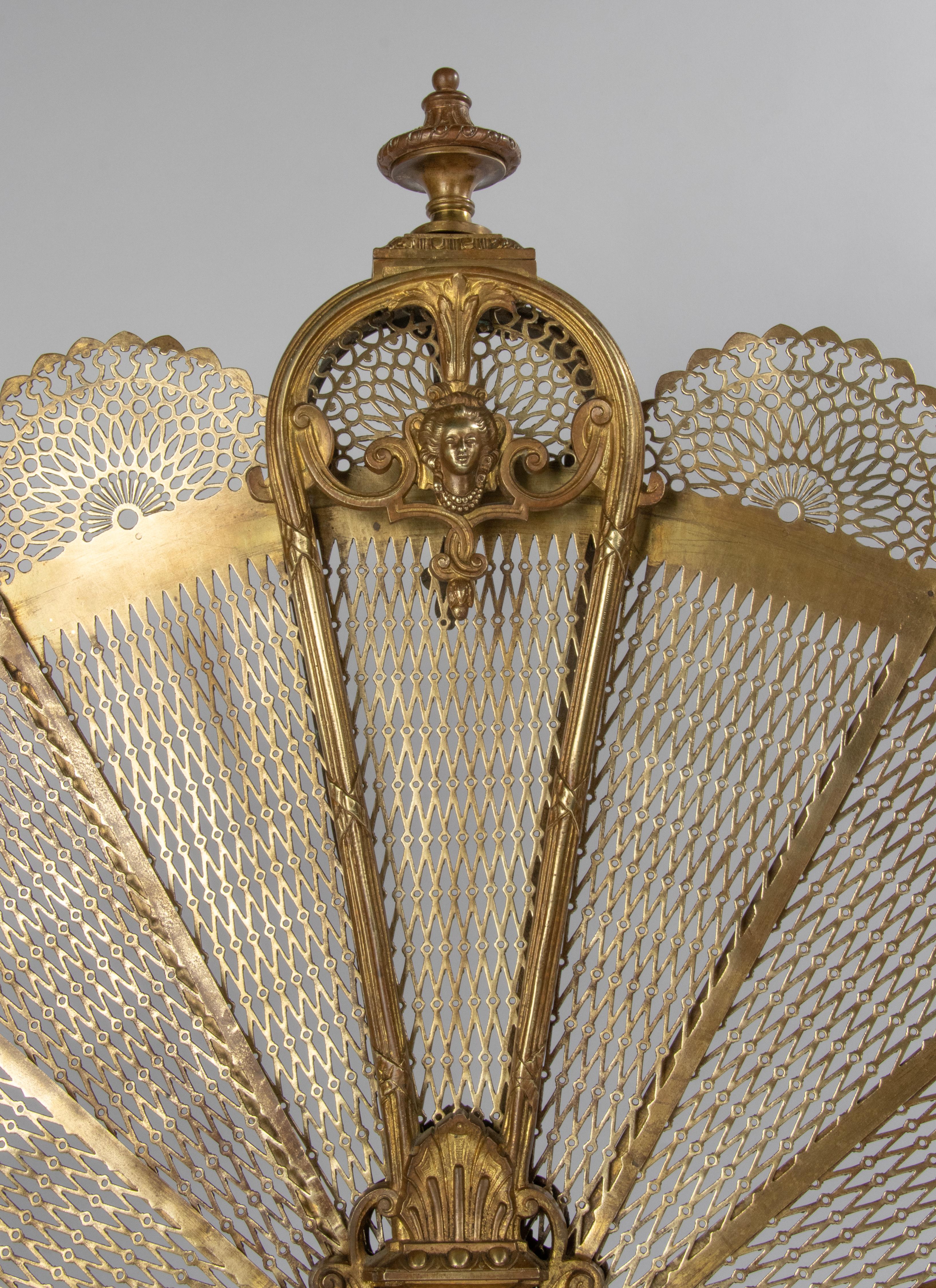 Late 19th Century Louis XVI Bronze Fan Foldable Peacock Fire Place Screen 1