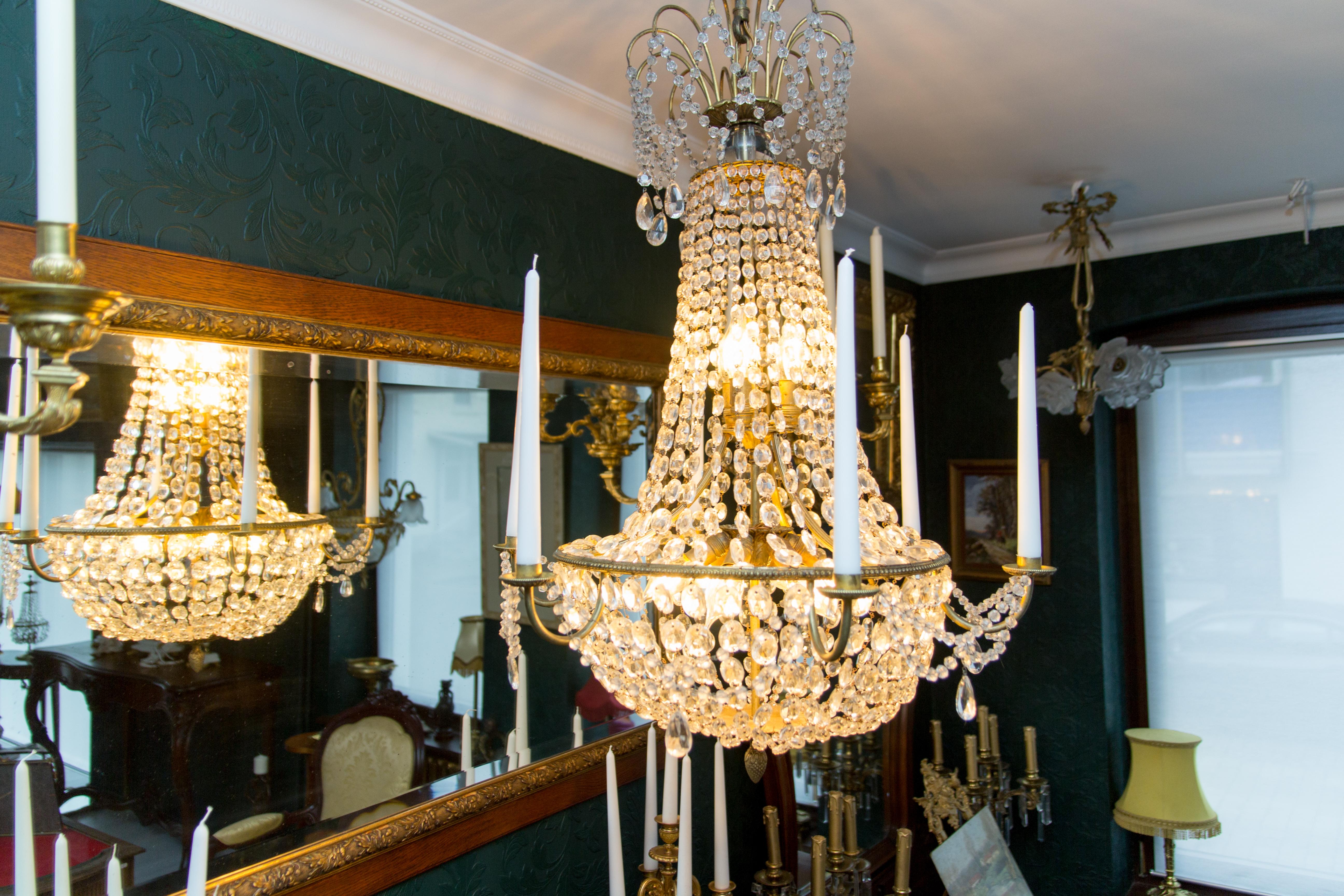 Late 19th Century Louis XVI Style Brass and Crystal Basket Chandelier 9