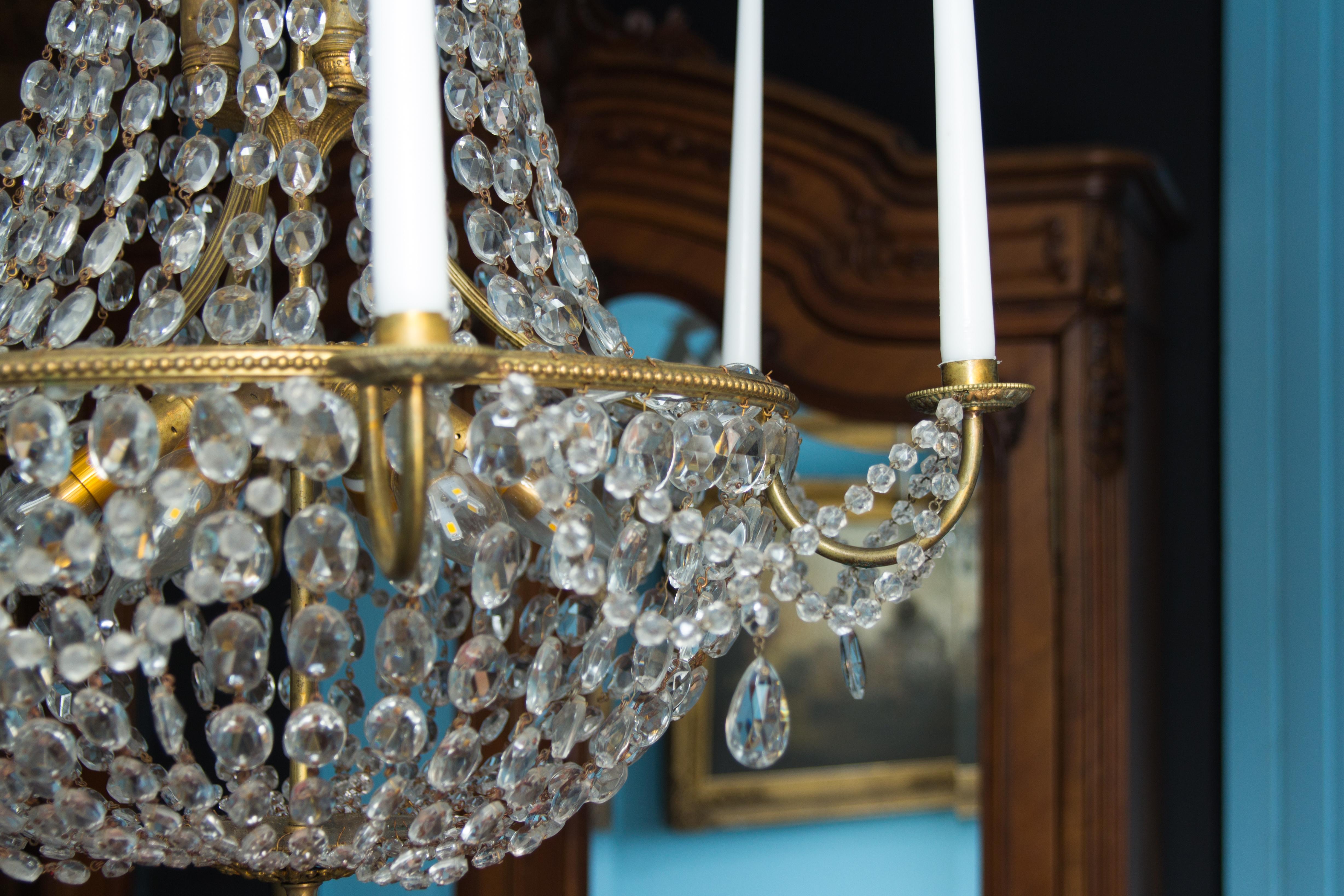 Late 19th Century Louis XVI Style Brass and Crystal Basket Chandelier 14