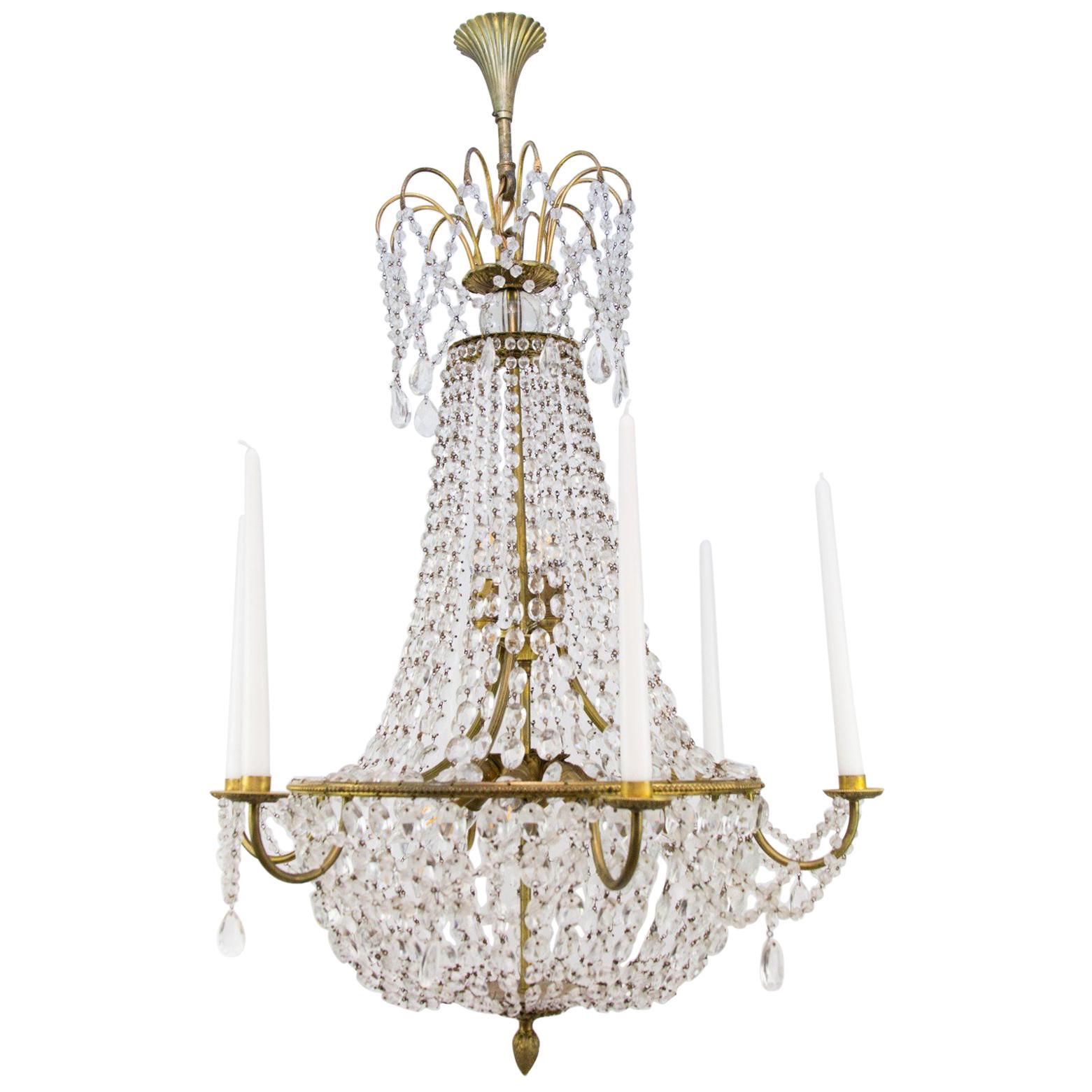 Late 19th Century Louis XVI Style Brass and Crystal Basket Chandelier