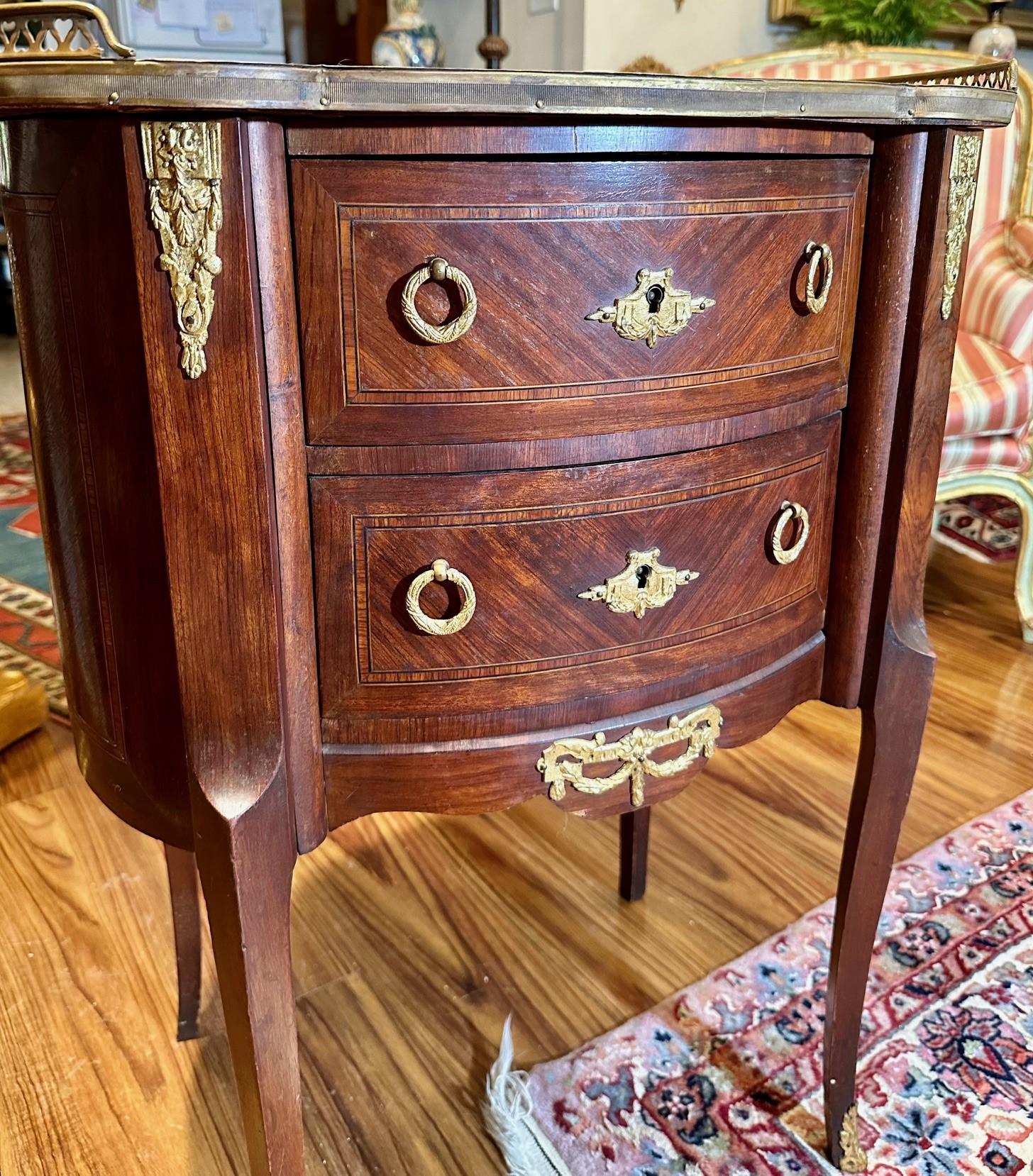 Gilt Late 19th Century Louis XVI Style Fruitwood Marquetry 2-Drawer Commode For Sale