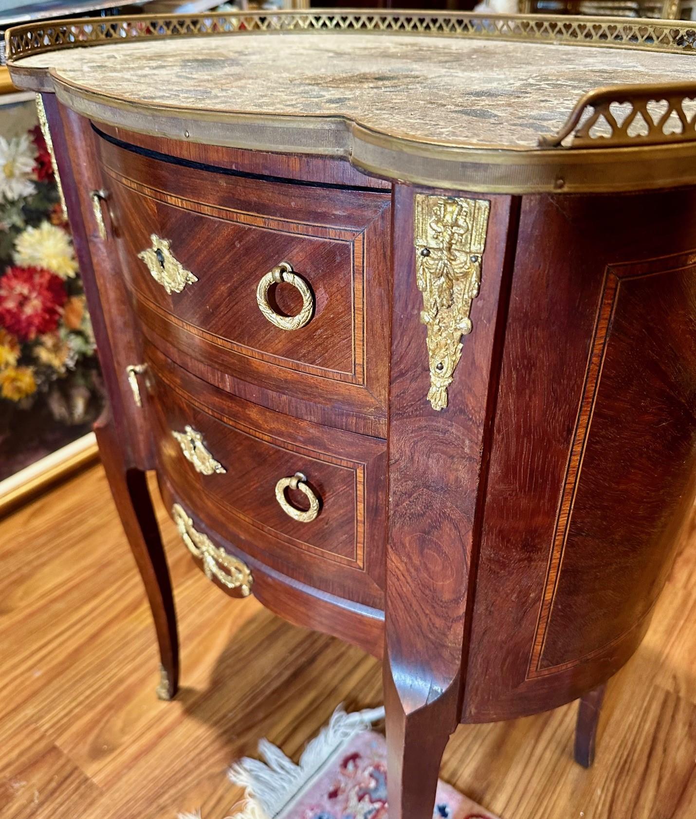Brass Late 19th Century Louis XVI Style Fruitwood Marquetry 2-Drawer Commode For Sale